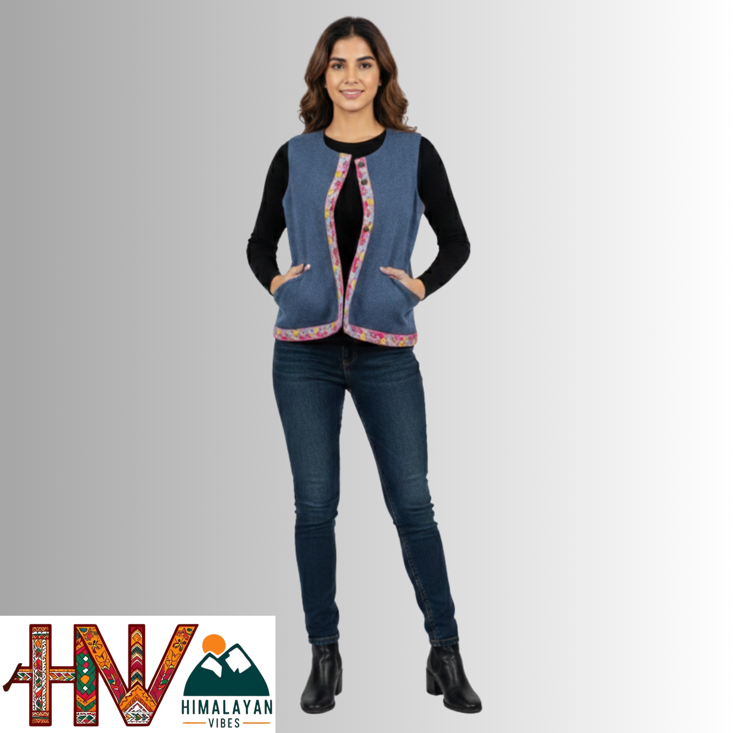 Himachali Blue Sadri with embroidered Lace for Women - Martin Fabric Ethnic Half Jacket with Pockets