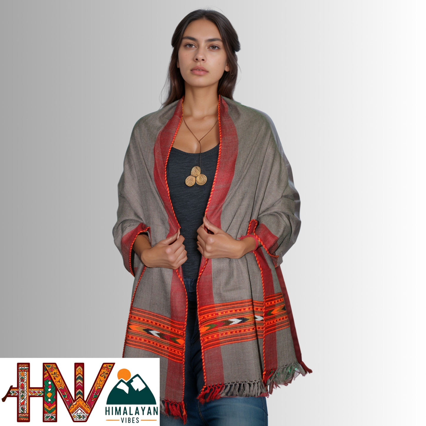 Handwoven Grey Kullu Woolen Stole with Traditional Kullu Patti Design with Red Border– Handwoven Elegance By Himalayan Vibes