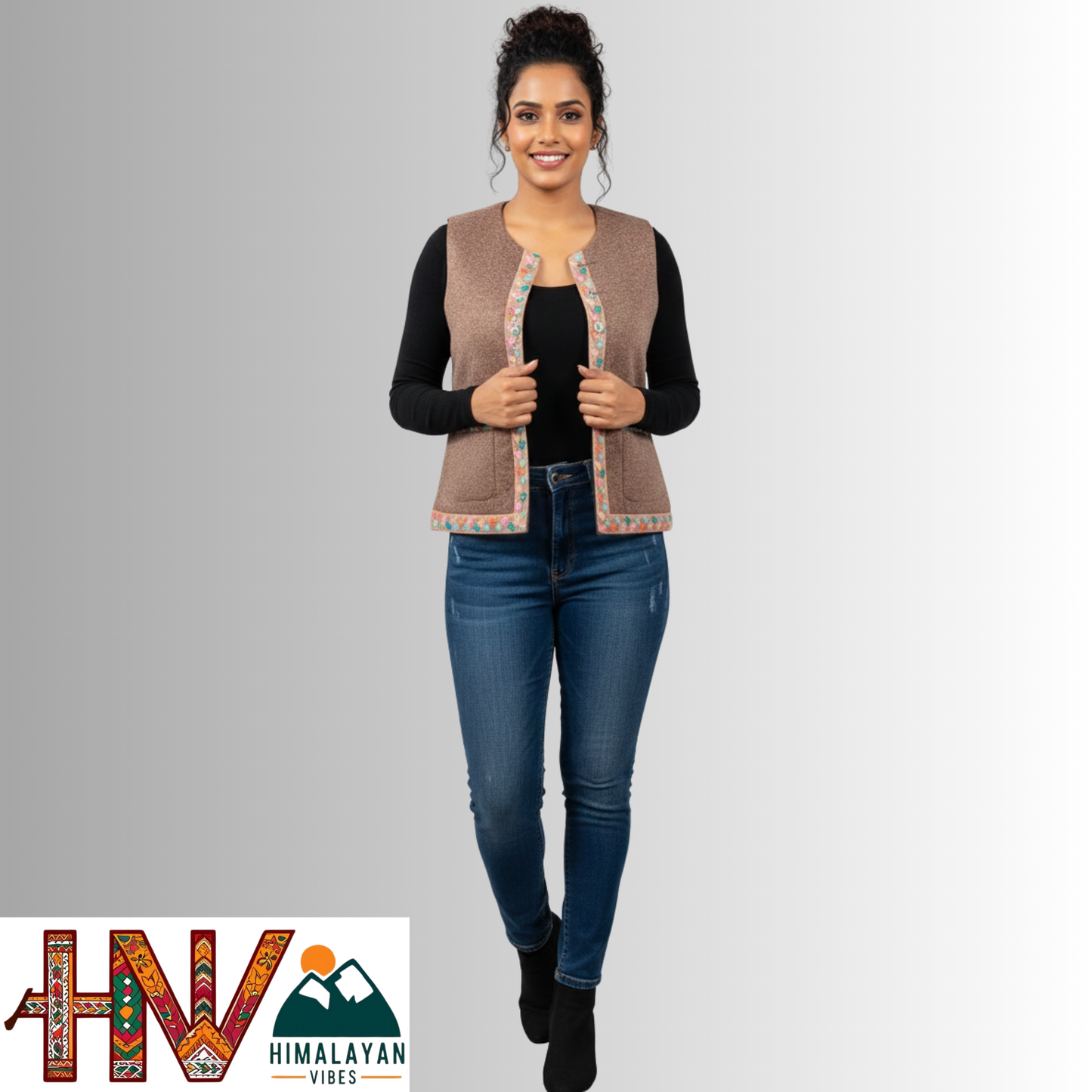 Himachali Light brown Sadri with embroidered Lace for Women - Martin Fabric Ethnic Half Jacket with Pockets