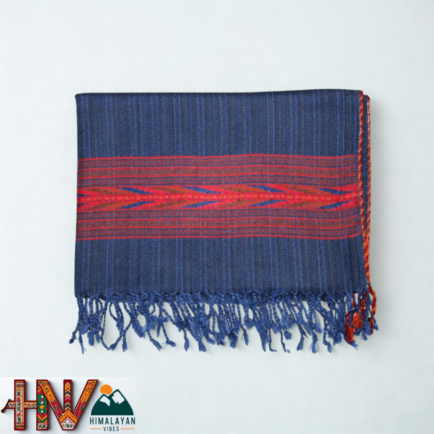 Handwoven Himalayan Blue Wool Stole – Red & Blue Striped with Geometric Motif Border