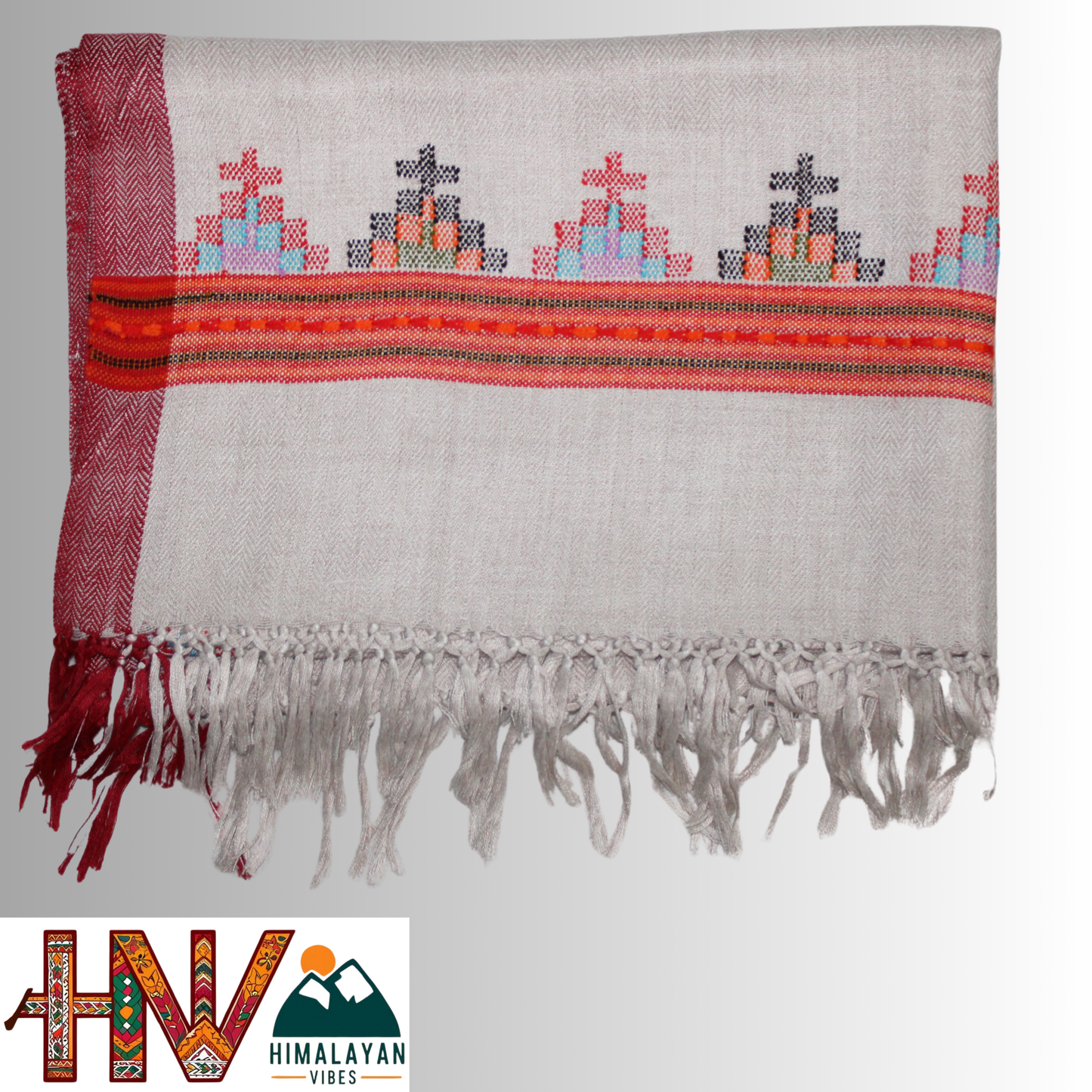 Handwoven cream Kullu Woolen Stole with Traditional Kullu Patti Geometric Motifs with red Border– Handwoven Elegance By Himalayan Vibes