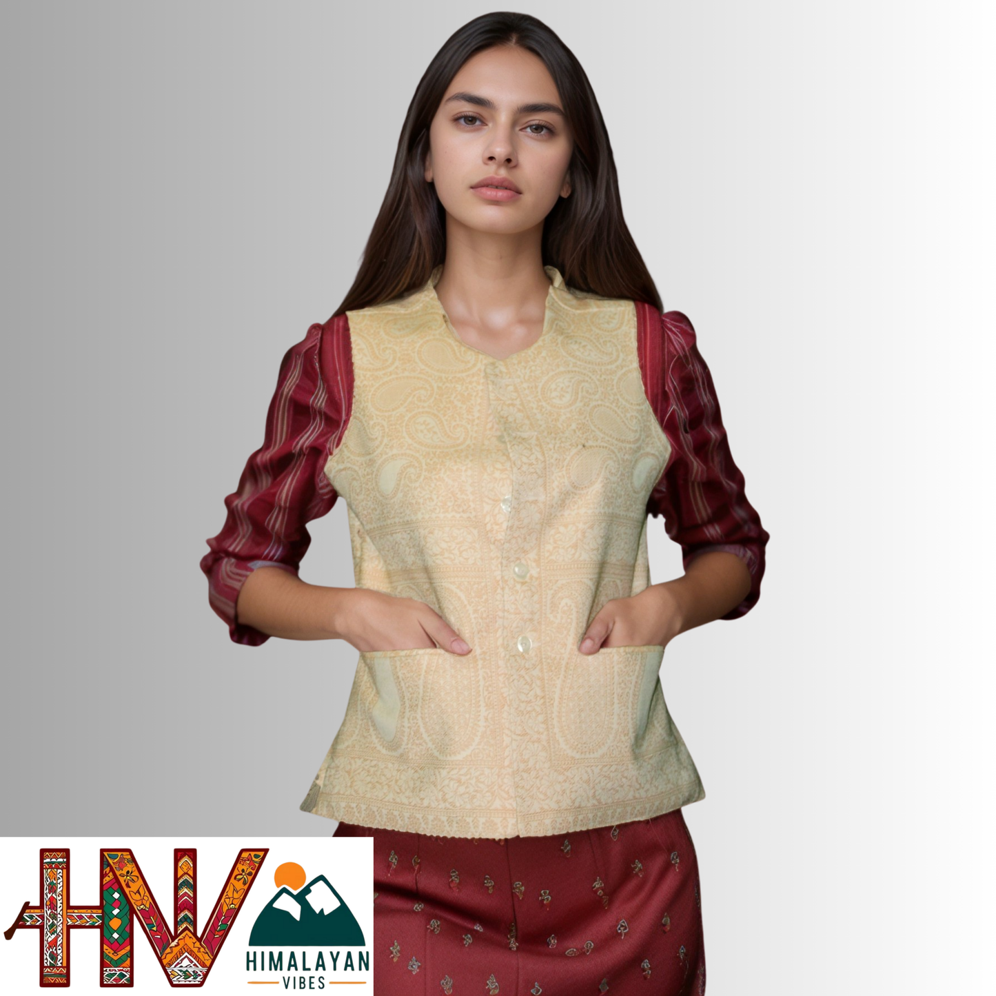 Women Pashmina Blend Cream Color Himachali Sadri with dense floral pattern – Traditional Waistcoat by Himalayan Vibes