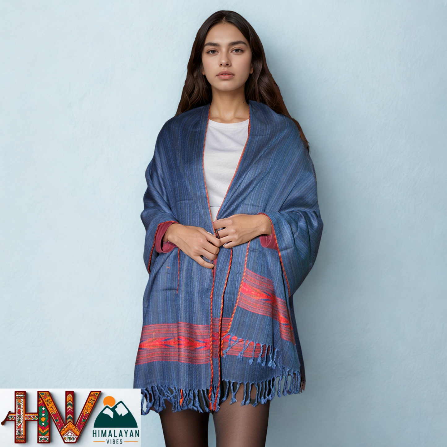 Handwoven Himalayan Blue Wool Stole – Red & Blue Striped with Geometric Motif Border