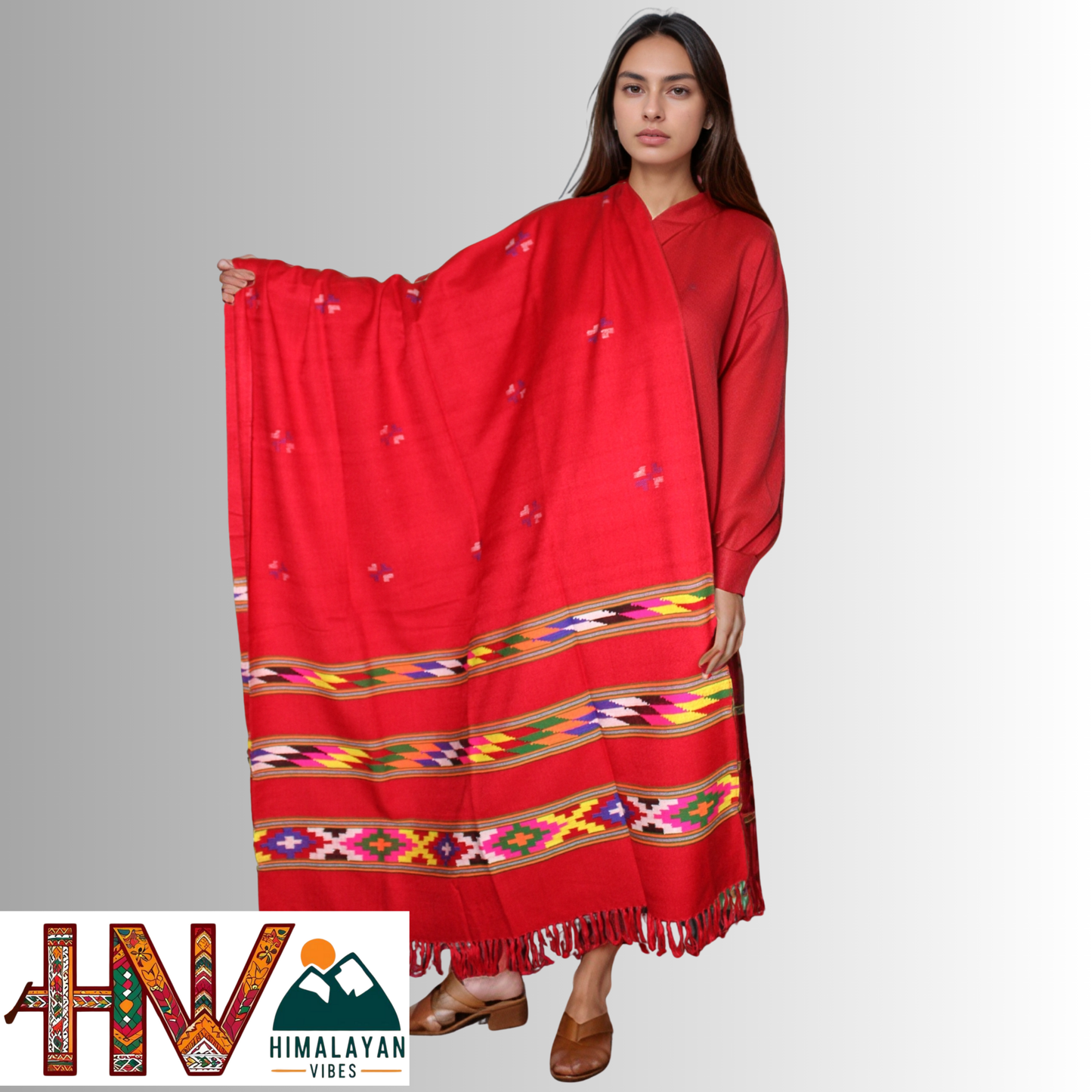 Handwoven Red Kullu Shawl – With Intricate Design 3 Patti & Traditional Himalayan Craftsmanship