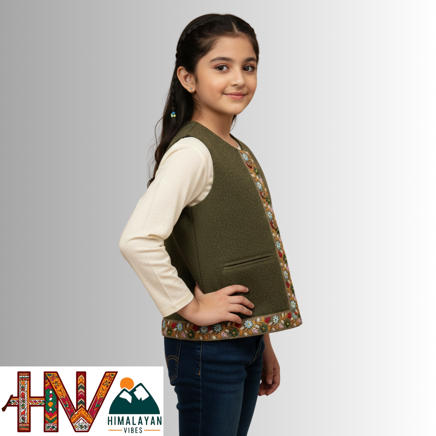 Girls Sleeveless Olive Green Woolen Sadri Jacket in Martin Fabric – Handcrafted Himachali Ethnic Wear with Floral Lace