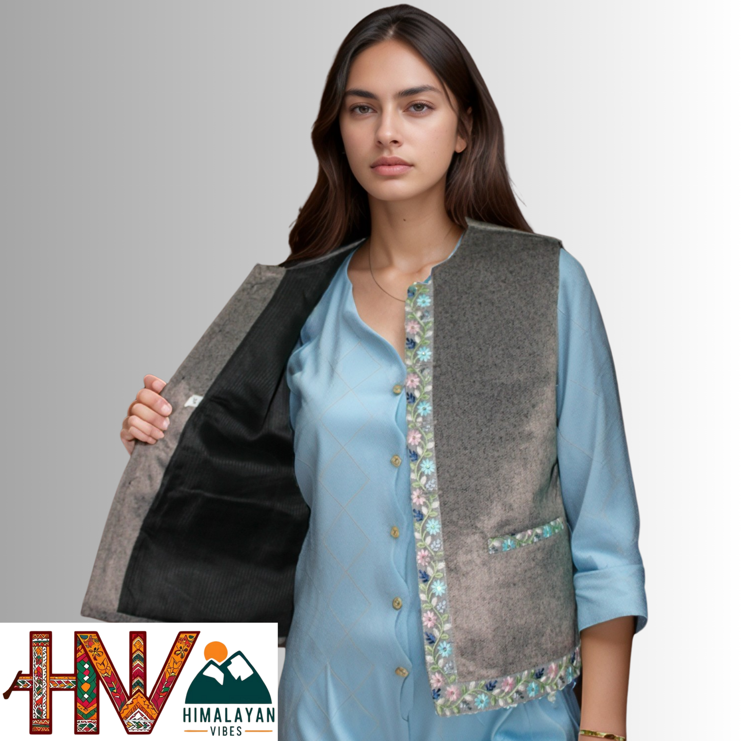 Himachali Light Grey Sadri with embroidered Lace for Women - Martin Fabric Ethnic Half Jacket with Pockets