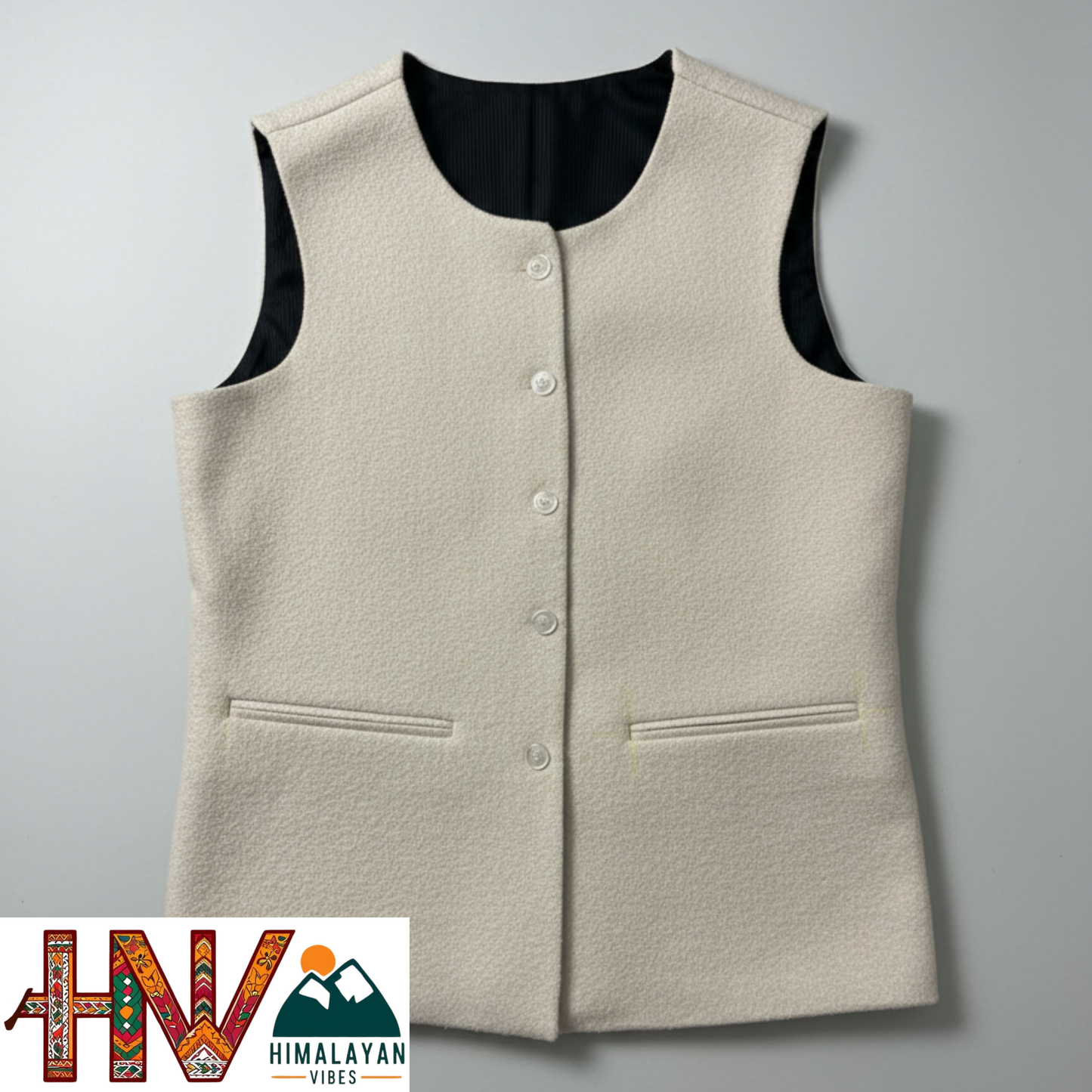Himalayan Vibes Women's Tweed Sadri - Sleeveless Nehru Jacket in Natural Cream