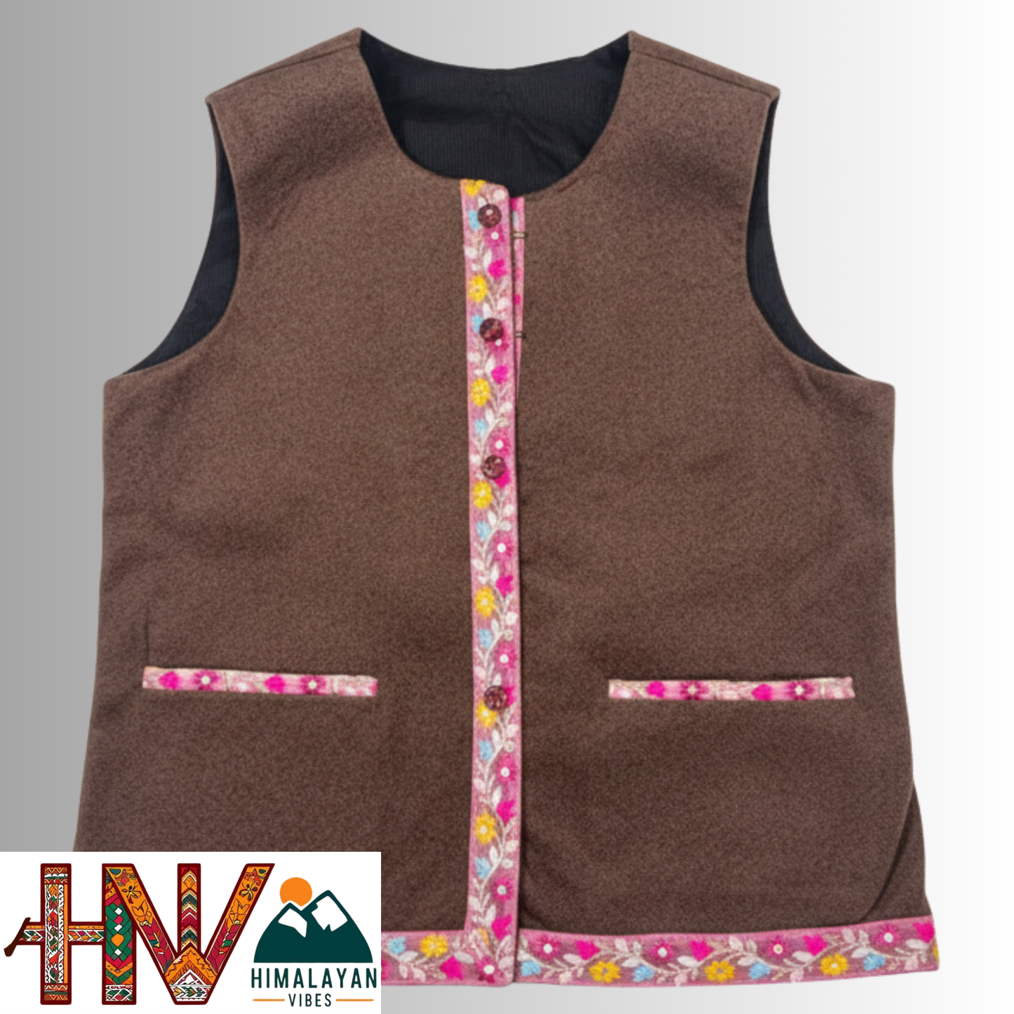 Himachali coffee brown Sadri with embroidered Lace for Women - Martin Fabric Ethnic Half Jacket with Pockets