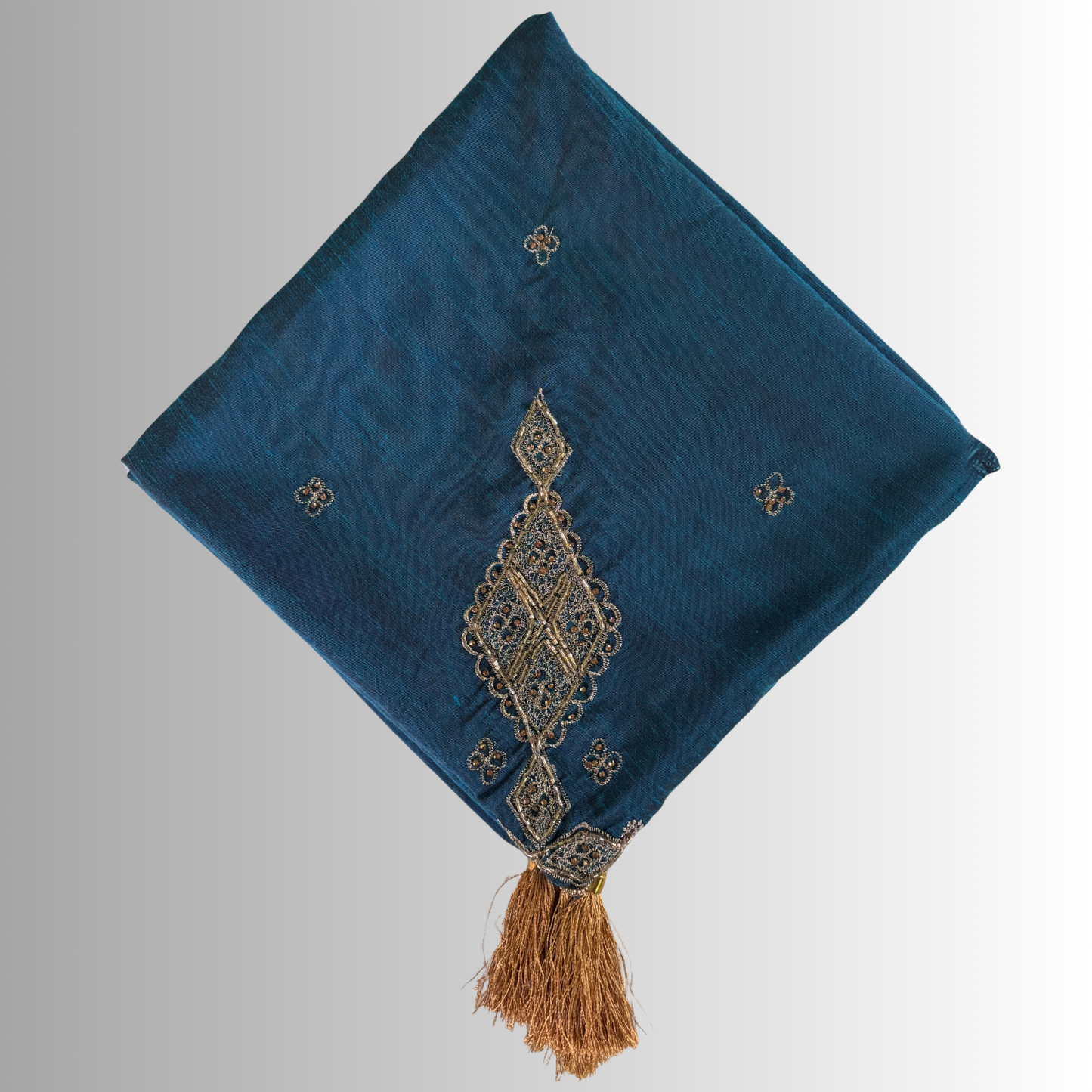 Handcrafted Himachali Teal Blue Dhatu with Gold Embroidery – A Unique Embroidered Head Scarf