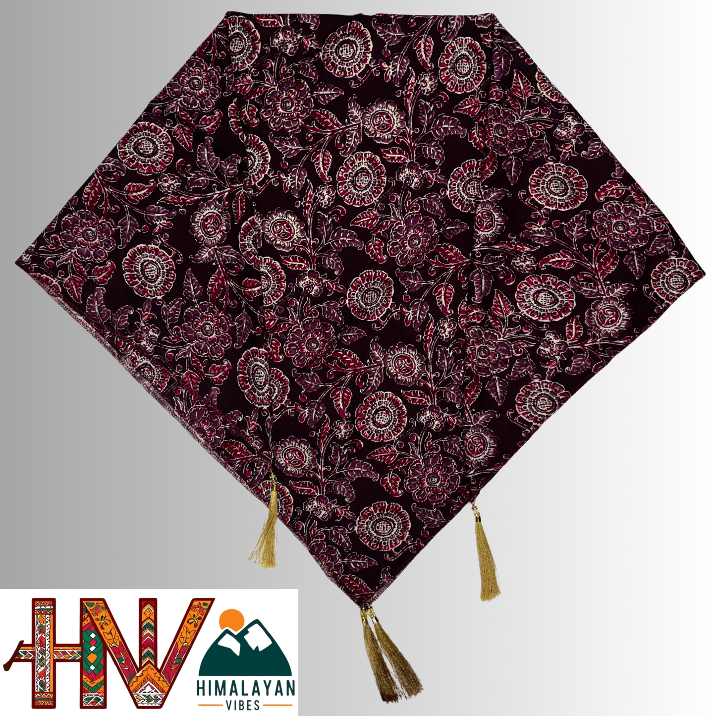 Himalayan Vibes Rayon Wine Color Himachali Dhatu with Leaf Print - Handcrafted Traditional Head Scarf from Himalayas