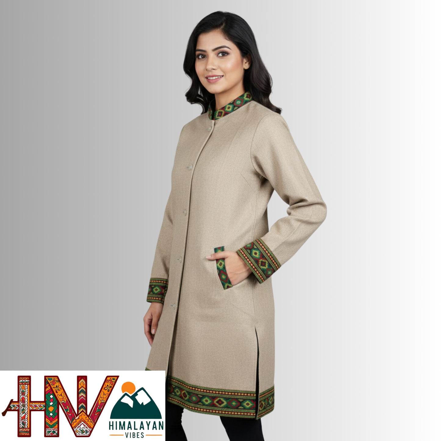 Himalayan Vibes Beige Woolen Long Coat - Traditional Kullu Patti Trimmed Jacket