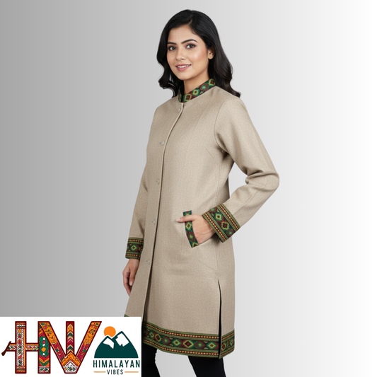 Himalayan Vibes Beige Woolen Long Coat - Traditional Kullu Patti Trimmed Jacket