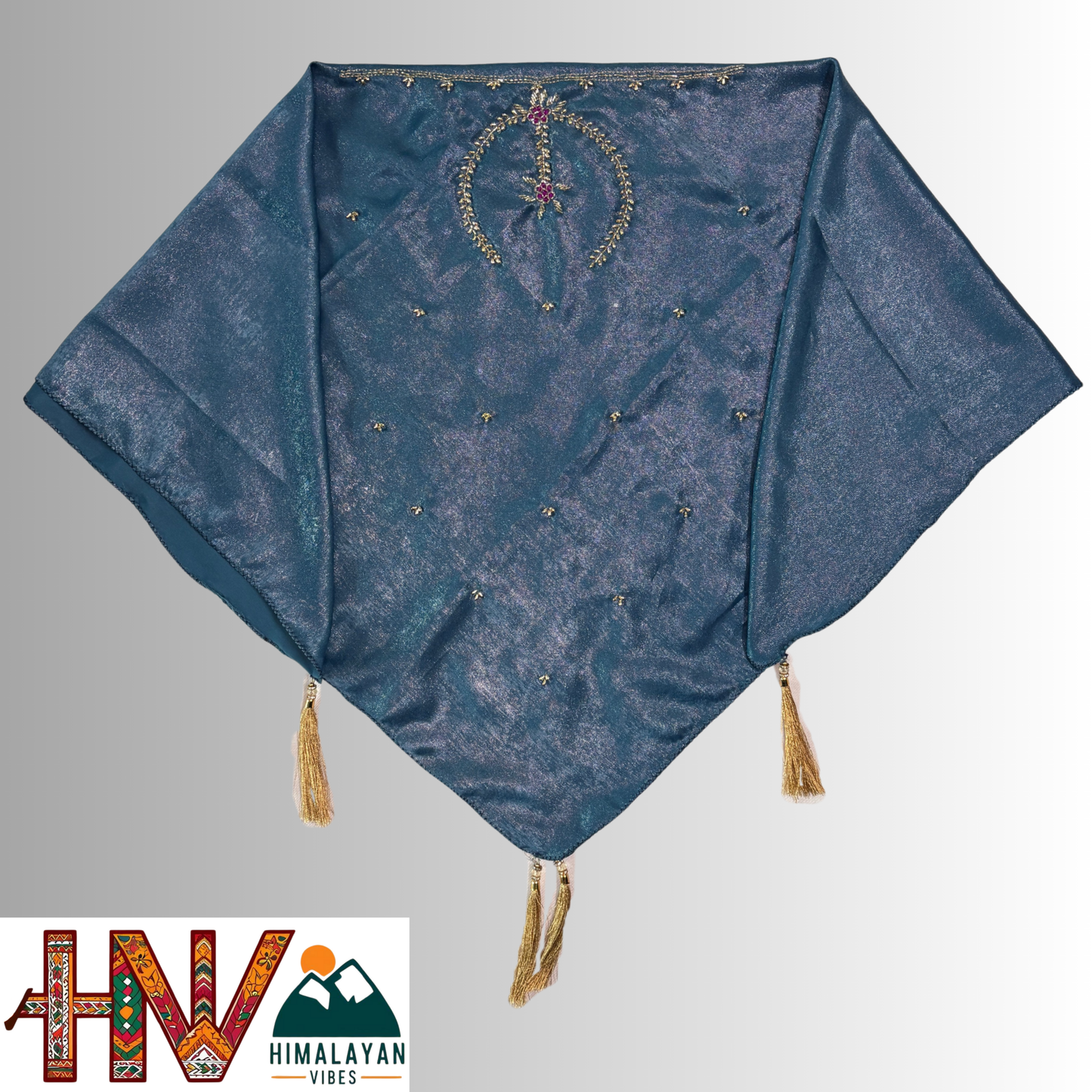 Handcrafted Himachali Peacock Blue Dhatu with Golden Embroidery – A Unique Embroidered Head Scarf