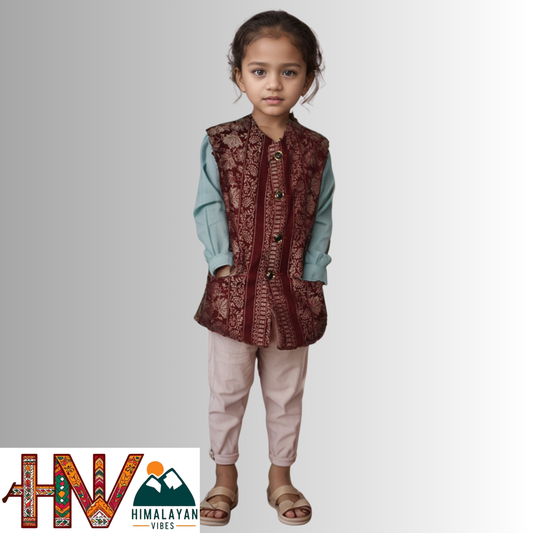 Kids Shawl Red Color Himachali Sadri with Leaf pattern – Traditional Waistcoat by Himalayan Vibes