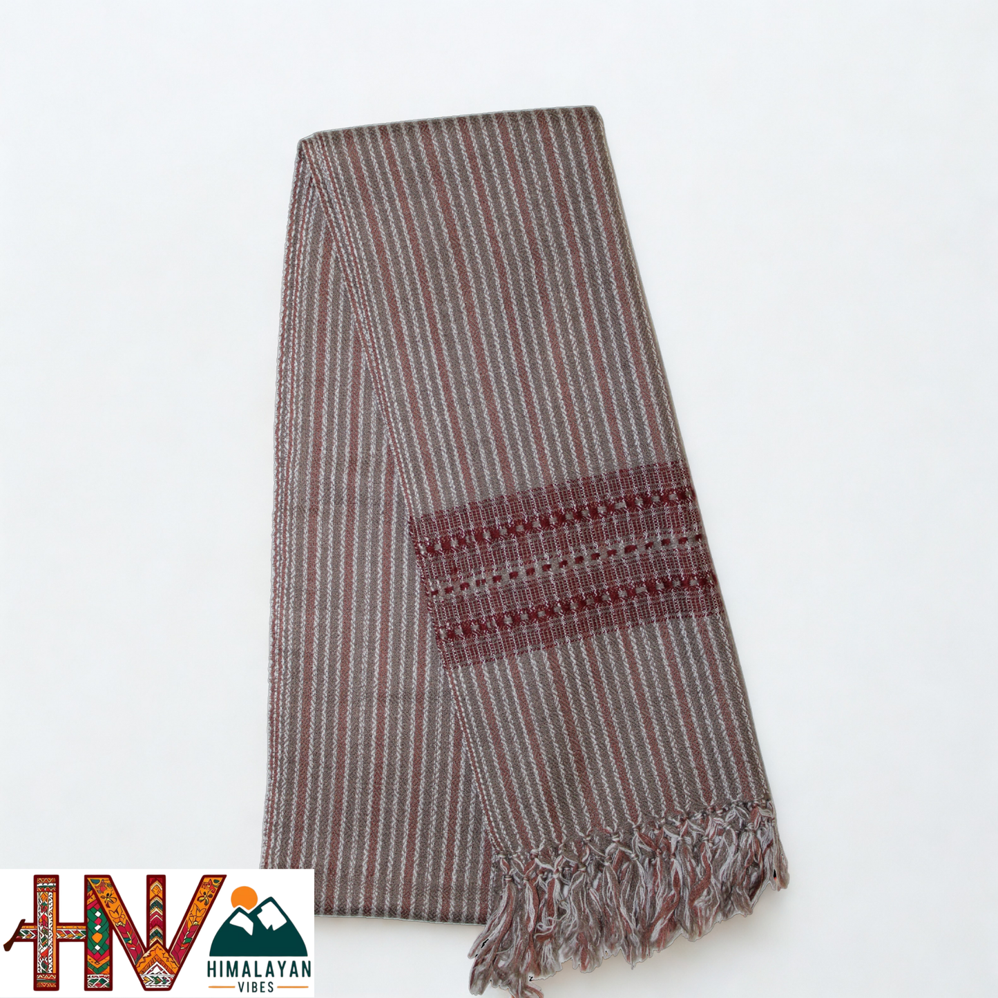 Traditional Kullu Handwoven Brown Stripes with Red Patti Muffler – Soft, Durable & Warm Wool Scarf