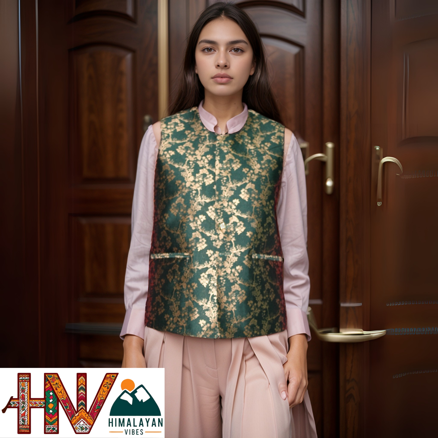 Women's Green Printed Sadri with Golden floral pattern - Elegant Brocade Festive Wear with Inner Pockets