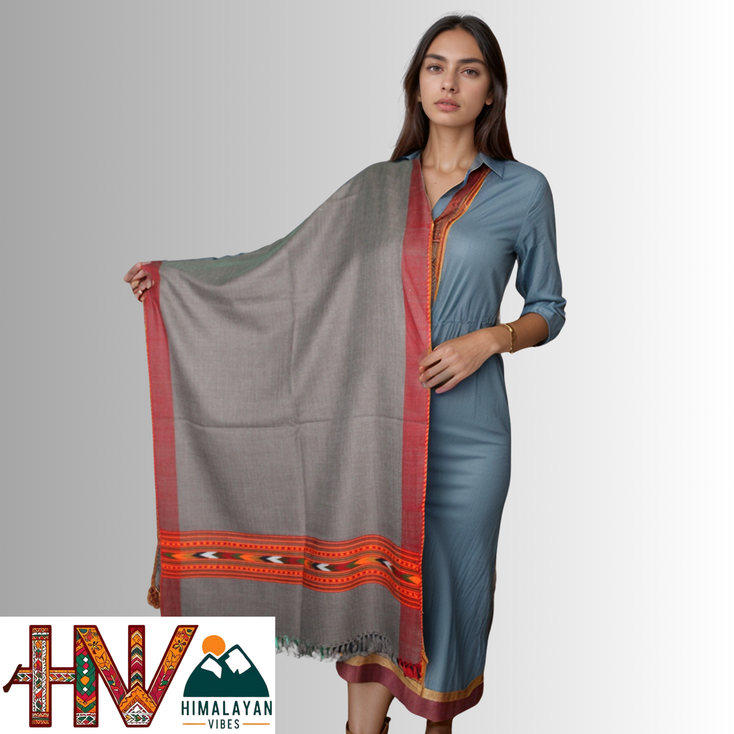 Handwoven Grey Kullu Woolen Stole with Traditional Kullu Patti Design with Red Border– Handwoven Elegance By Himalayan Vibes