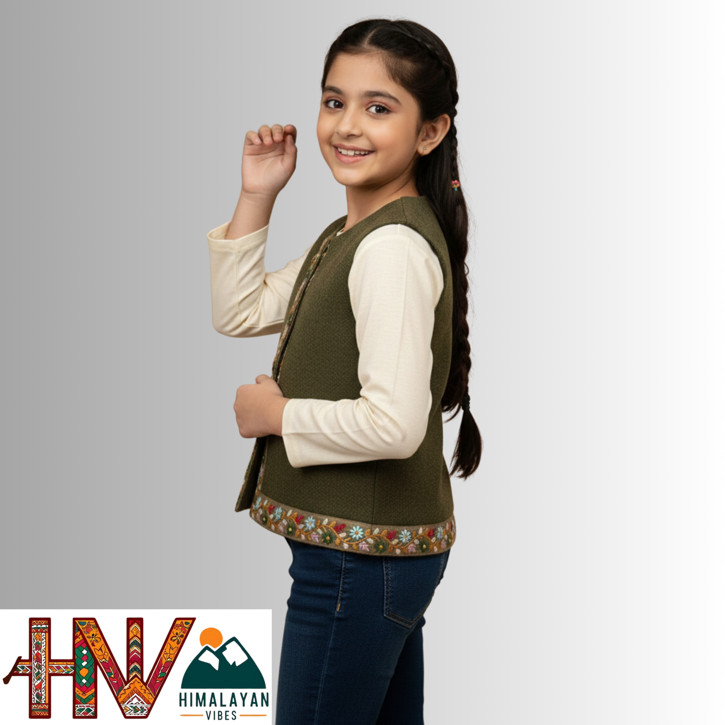 Girls Sleeveless Olive Green Woolen Sadri Jacket in Martin Fabric – Handcrafted Himachali Ethnic Wear with Floral Lace