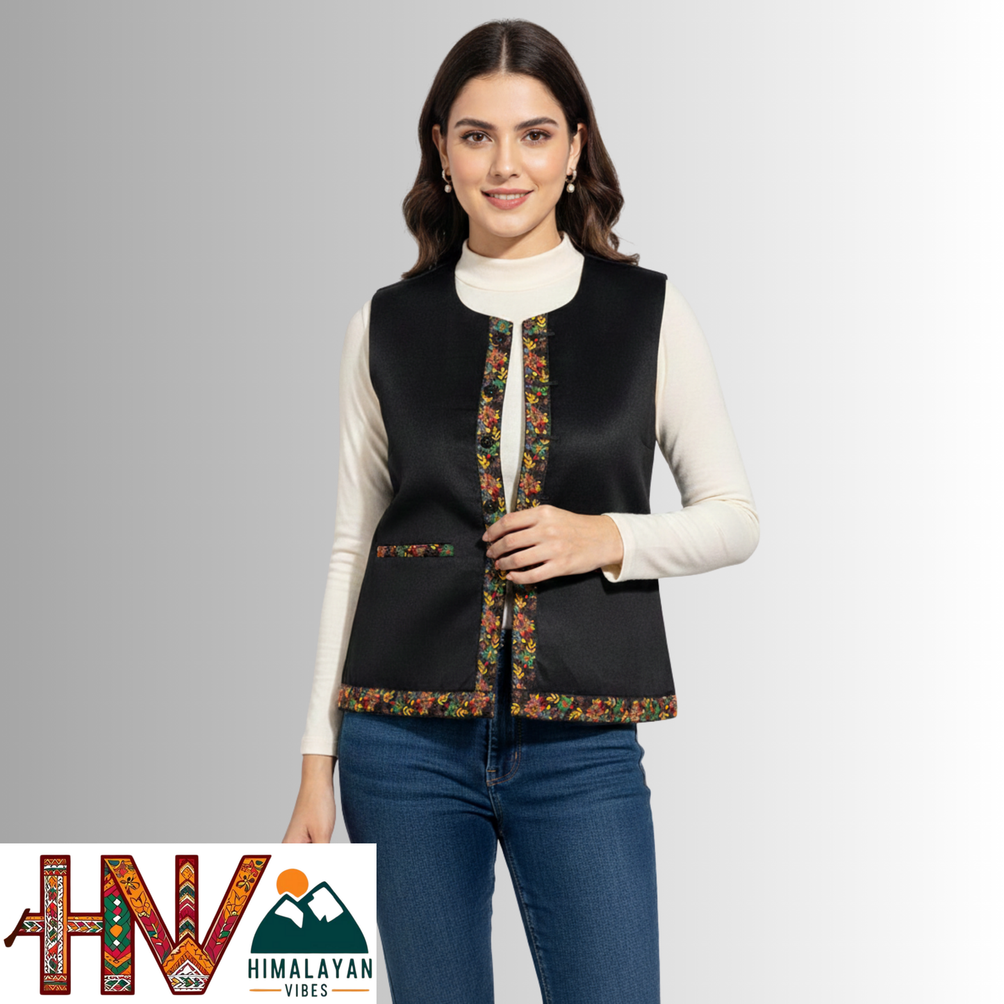 Himachali Black Sadri with embroidered Lace for Women - Martin Fabric Ethnic Half Jacket with Pockets