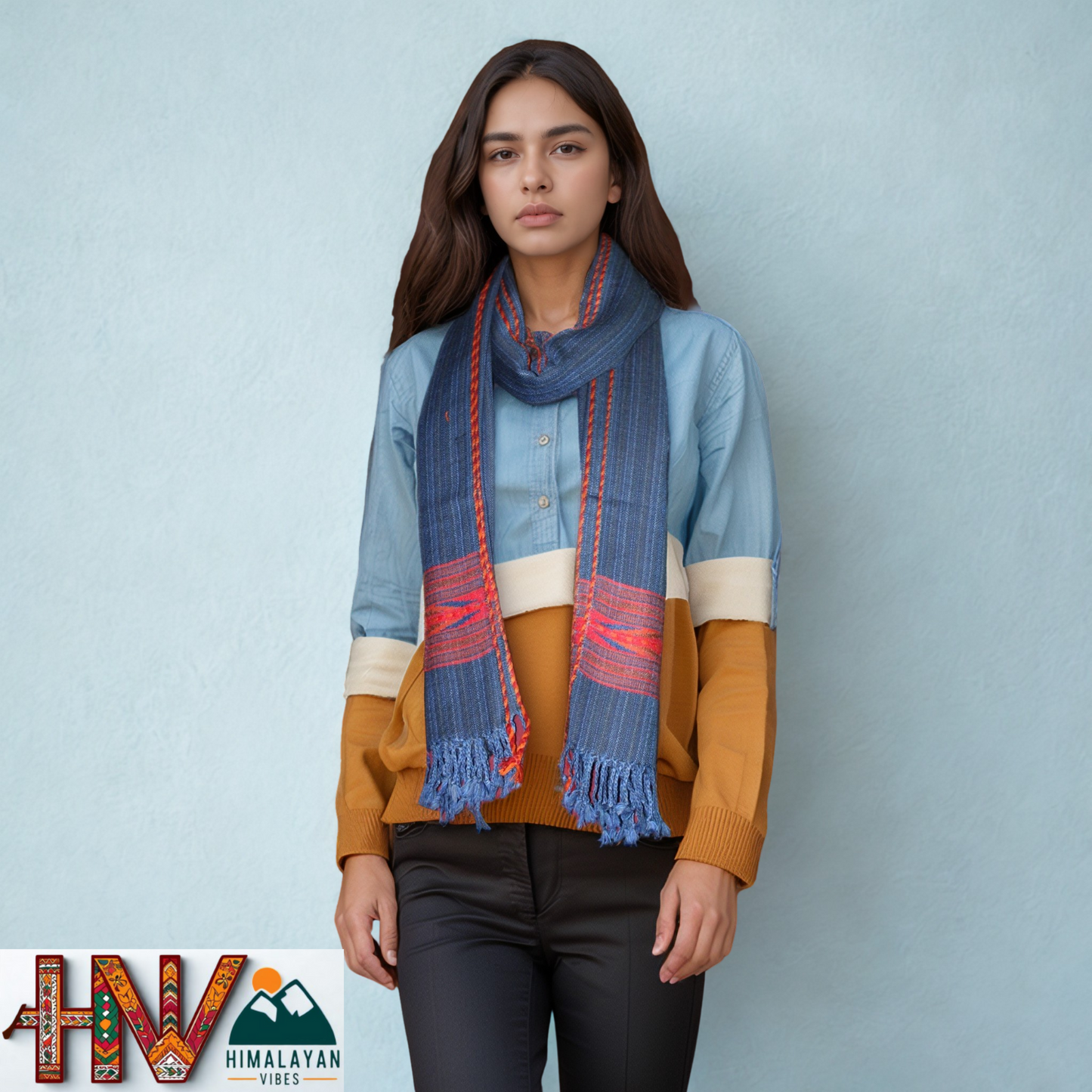 Handwoven Himalayan Blue Wool Stole – Red & Blue Striped with Geometric Motif Border