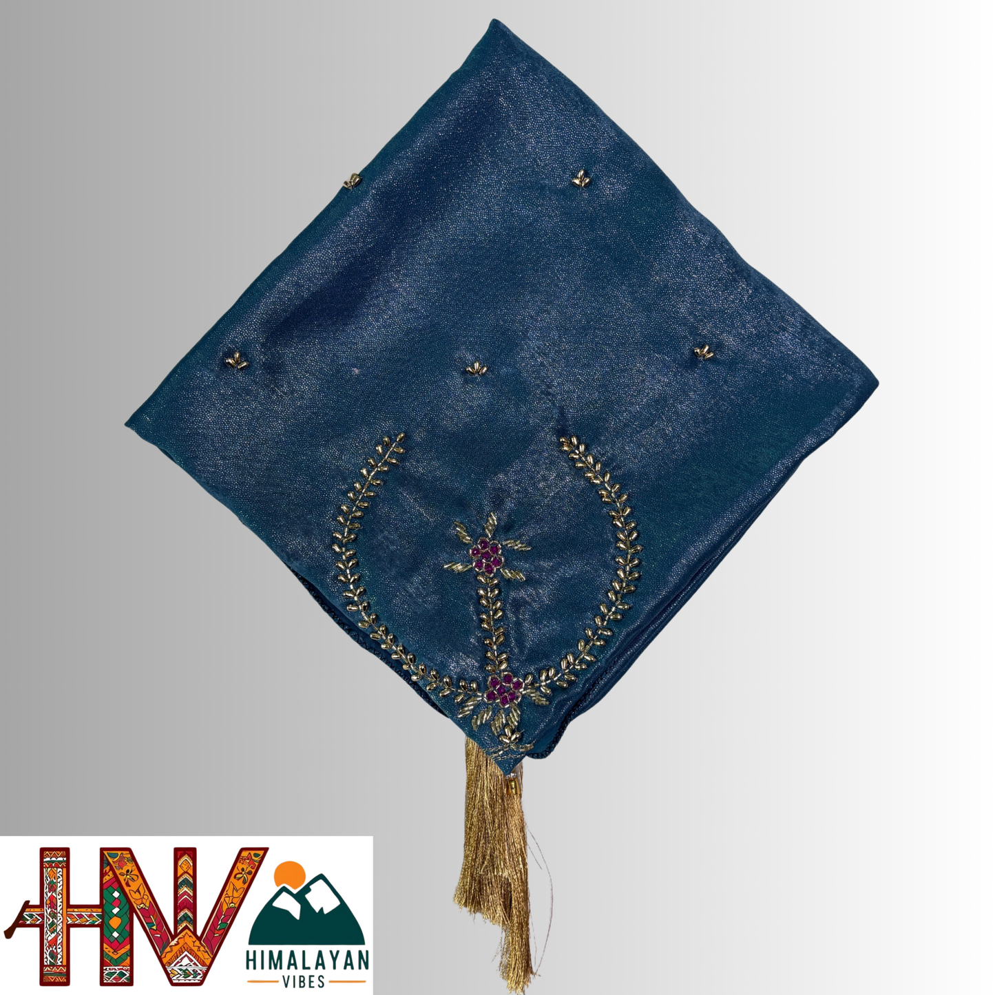 Handcrafted Himachali Peacock Blue Dhatu with Golden Embroidery – A Unique Embroidered Head Scarf