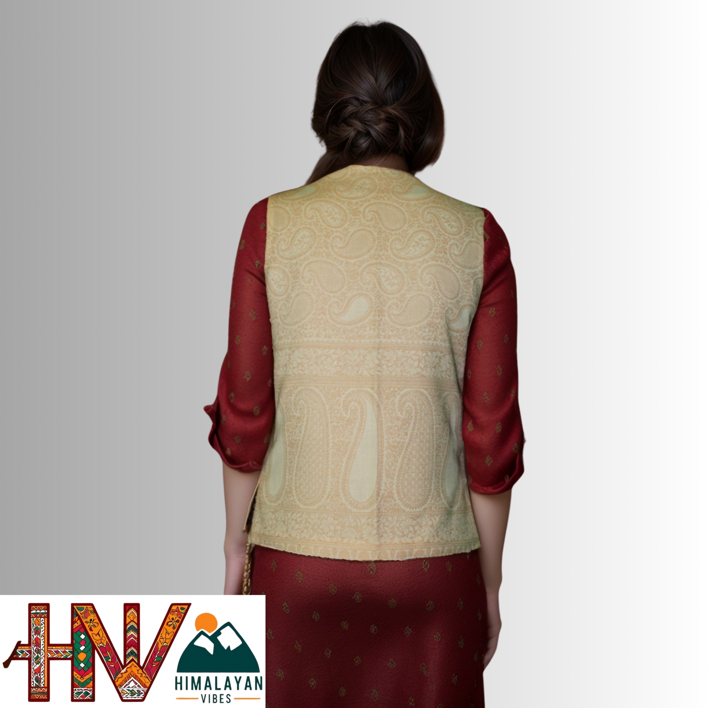 Women Pashmina Blend Cream Color Himachali Sadri with dense floral pattern – Traditional Waistcoat by Himalayan Vibes
