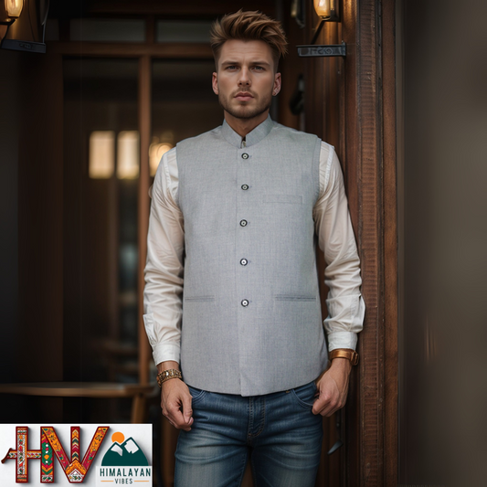 Himalayan Breeze Light Grey Sleeveless Jacket – Traditional Craft, Modern Style