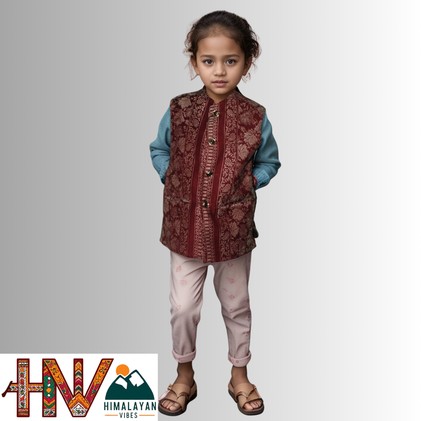 Authentic Mother-Daughter Red Shawl Fabric Sadri Combo with Leaf pattern | Matching Floral Handloom Himachali Nehru Jacket Set