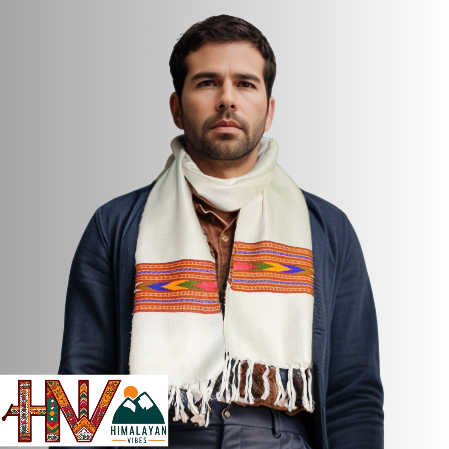 Traditional Kullu Patti Design Wool Muffler | White Handloom Scarf with Vibrant Geometric Strip By Himalayan Vibes