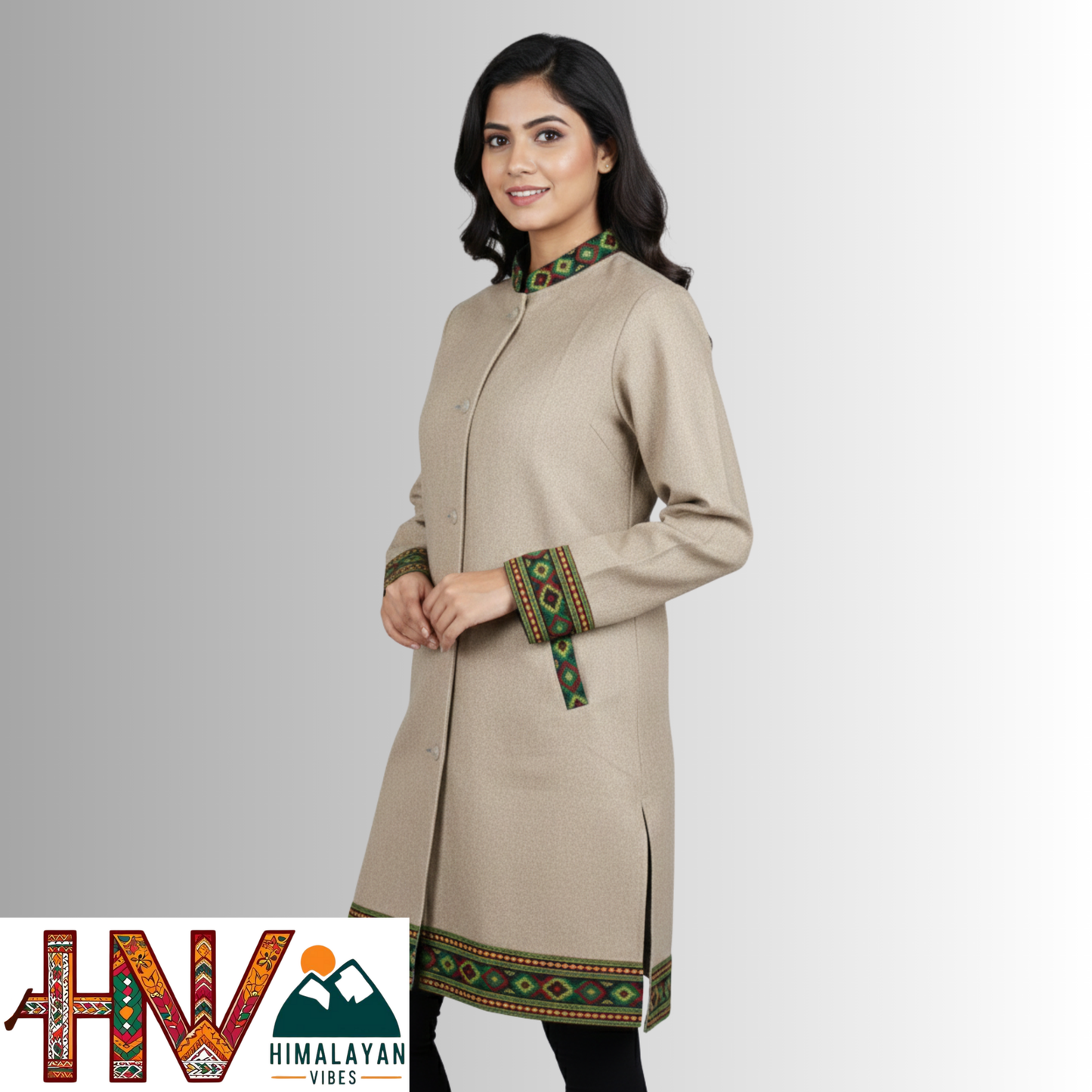 Himalayan Vibes Beige Woolen Long Coat - Traditional Kullu Patti Trimmed Jacket