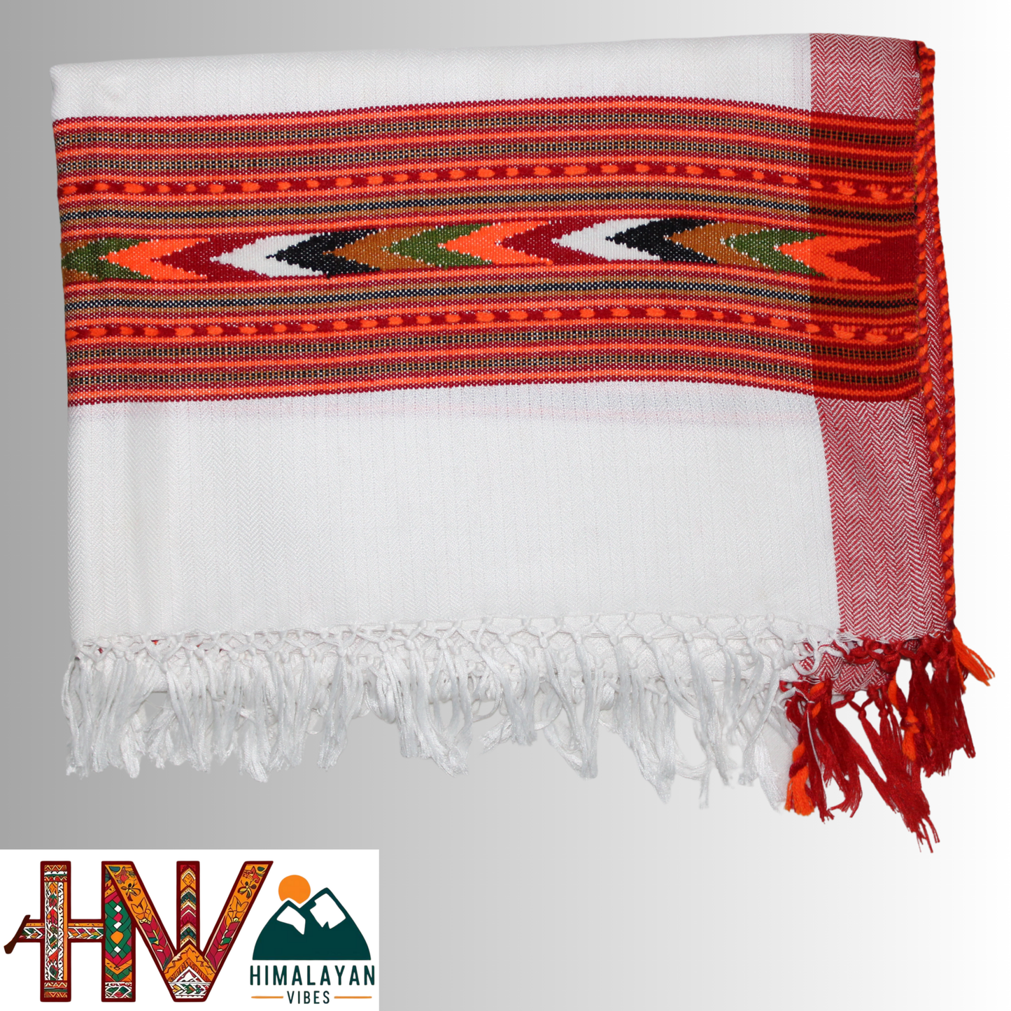 Handwoven white Kullu Woolen Stole with Traditional Kullu Patti Design in Vibrant Orange and Red Border– Handwoven Elegance By Himalayan Vibes