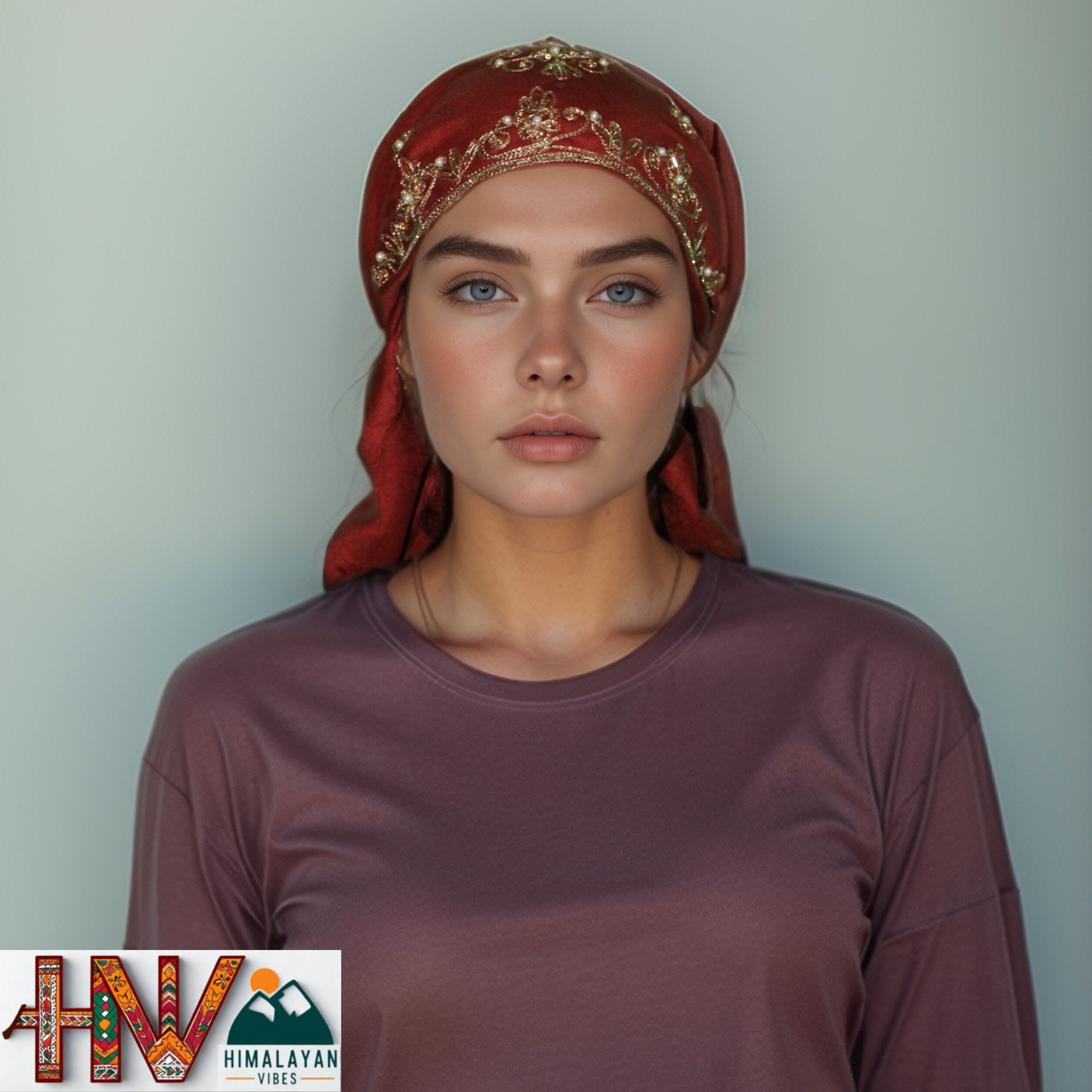 Handcrafted Himachali Rust Color Dhatu with Golden Embroidery – A Unique Embroidered Head Scarf