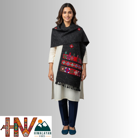 Handwoven Black Kinnauri Woolen Stole with Traditional Kinnauri Patti Geometric Motifs with red Border– Handwoven Elegance By Himalayan Vibes