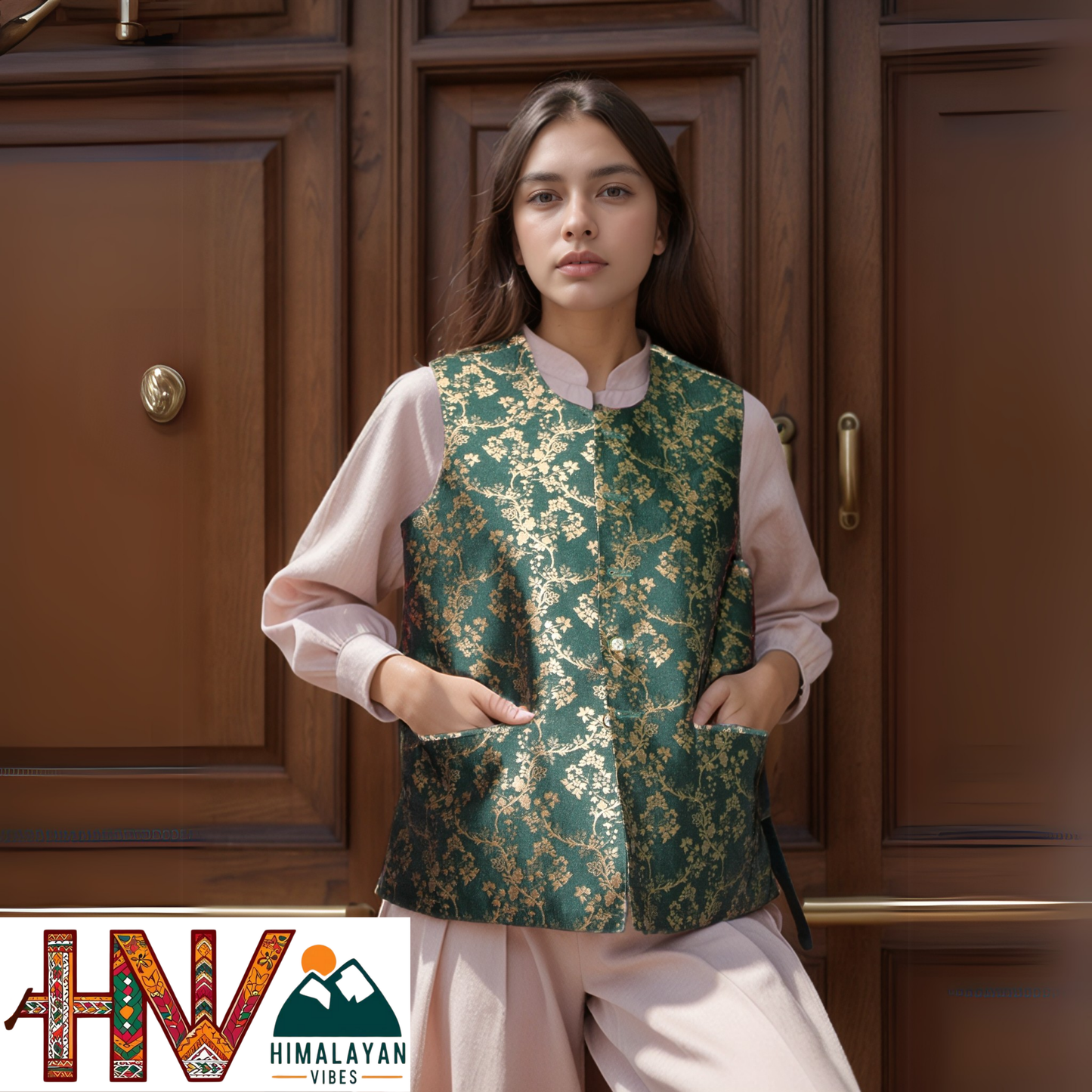 Women's Green Printed Sadri with Golden floral pattern - Elegant Brocade Festive Wear with Inner Pockets
