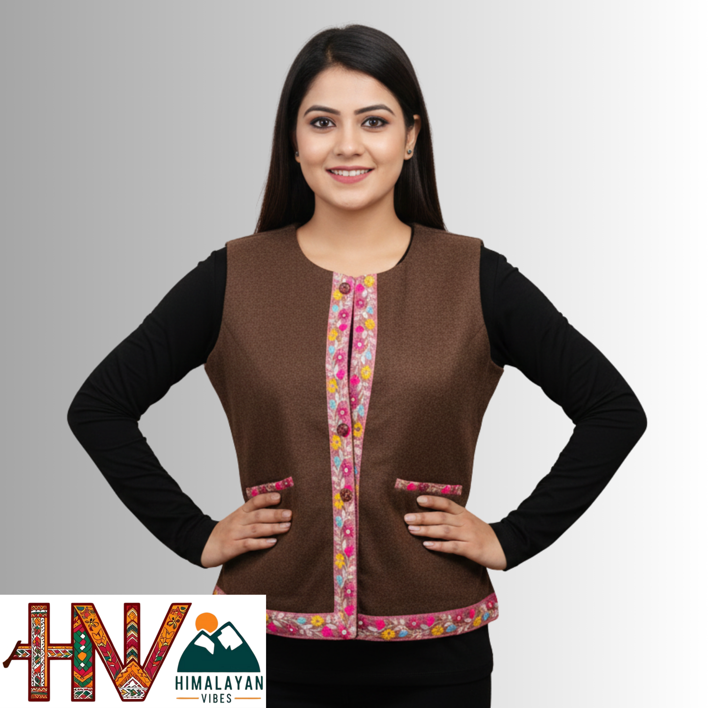 Himachali coffee brown Sadri with embroidered Lace for Women - Martin Fabric Ethnic Half Jacket with Pockets