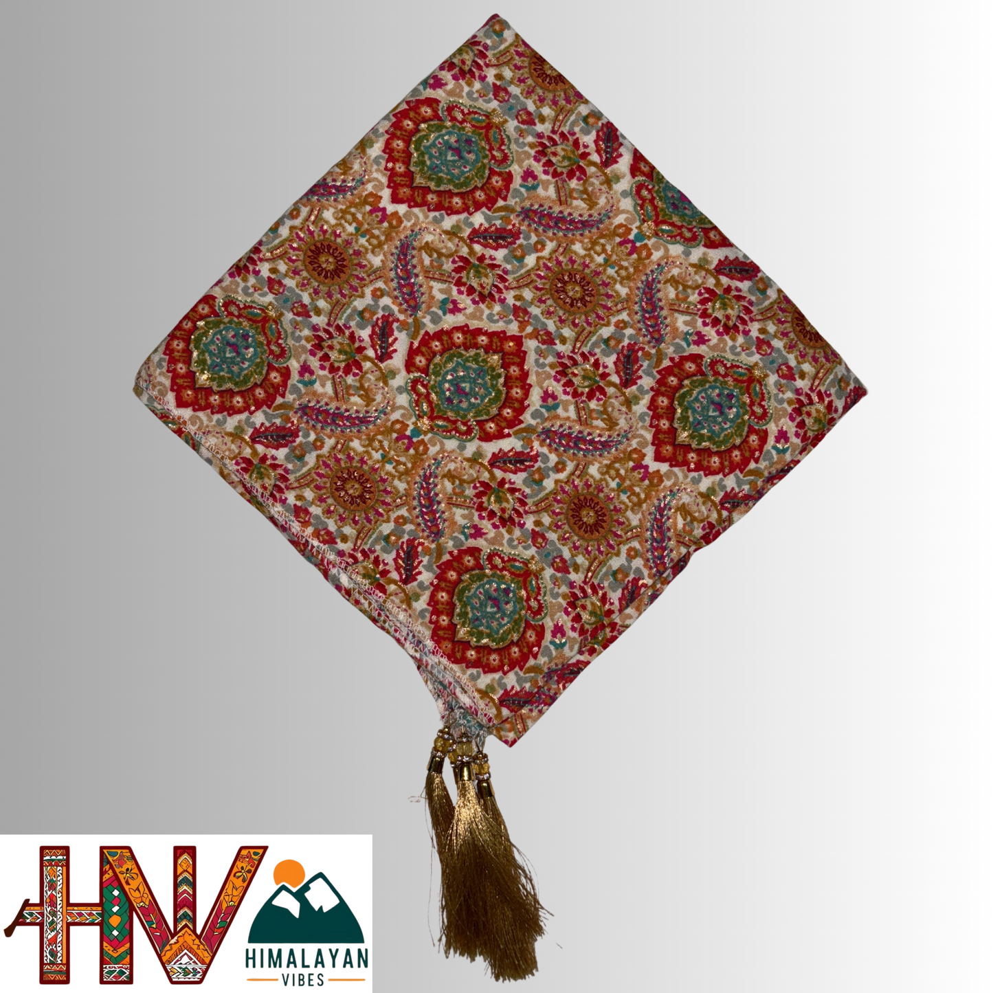 Himalayan Vibes Cream Color Himachali Dhatu with Multicolor Print - Handcrafted Traditional Head Scarf from Himalayas