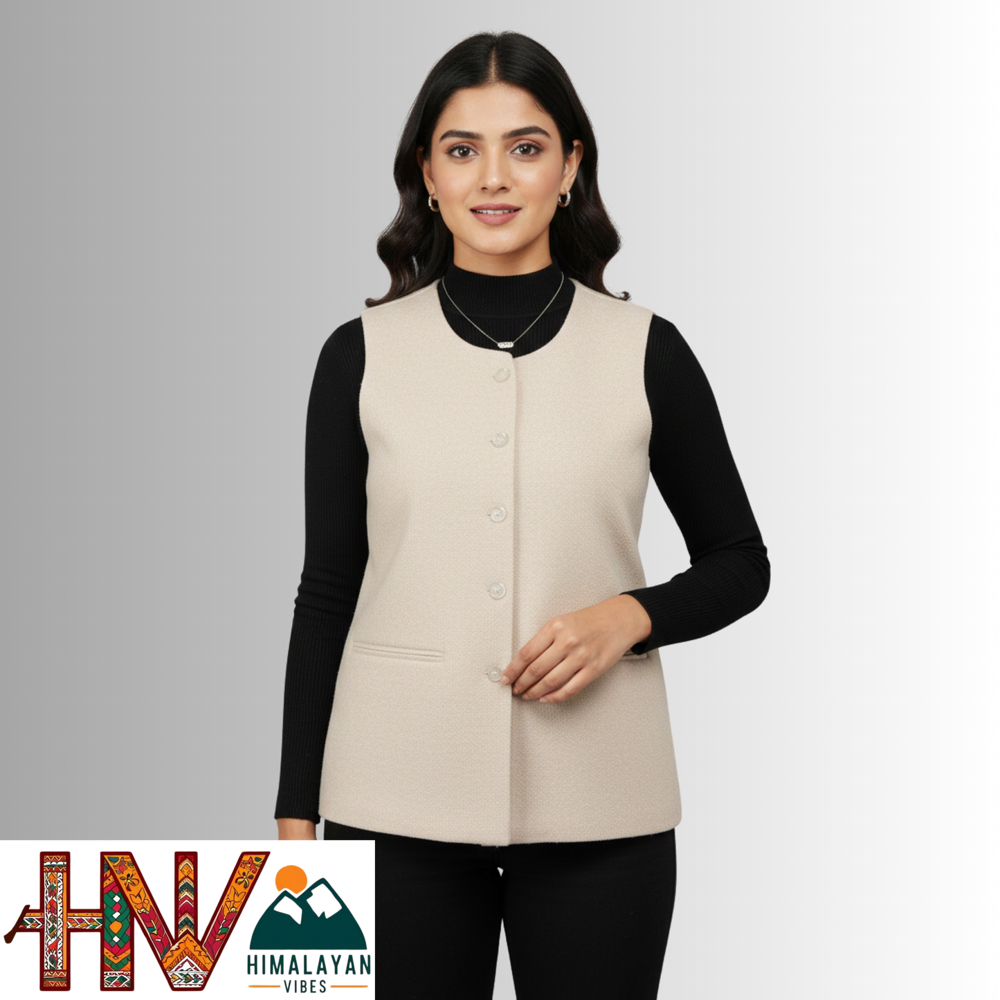 Himalayan Vibes Women's Tweed Sadri - Sleeveless Nehru Jacket in Natural Cream