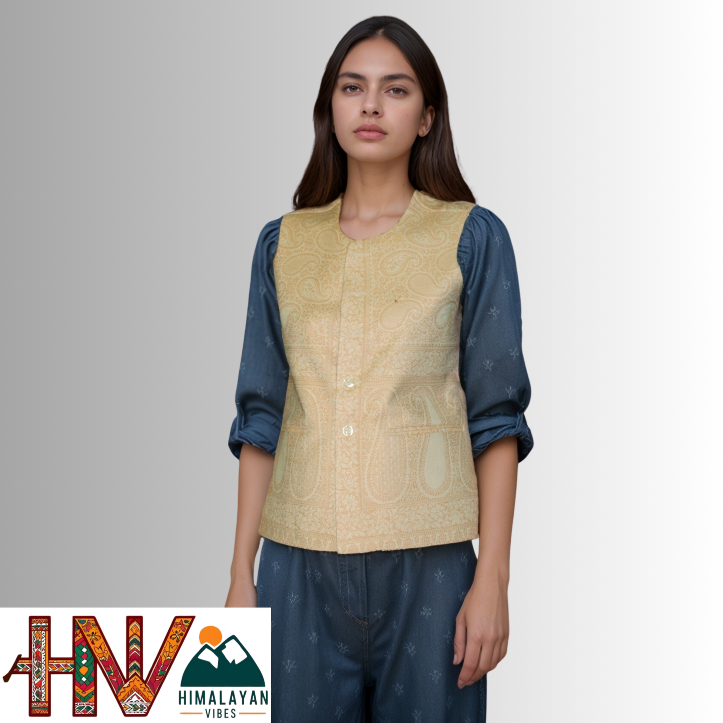 Women Pashmina Blend Cream Color Himachali Sadri with dense floral pattern – Traditional Waistcoat by Himalayan Vibes