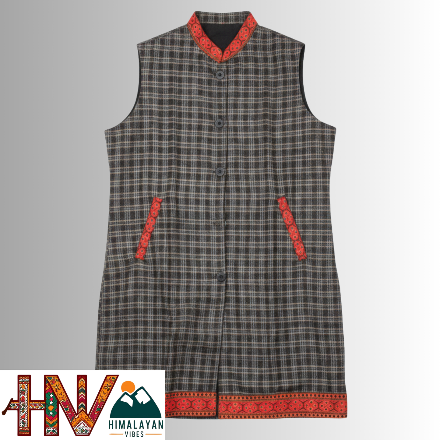 Himalayan Vibes Black Plaid Woolen Long Jacket with Kullu Patti Border