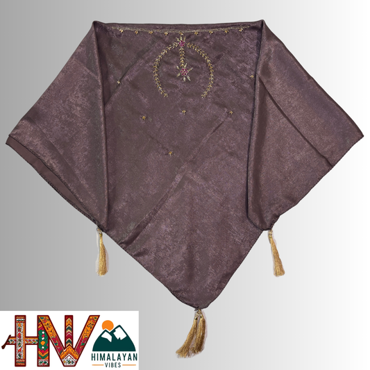 Handcrafted Himachali Dark Plum Dhatu with Golden Embroidery – A Unique Embroidered Head Scarf