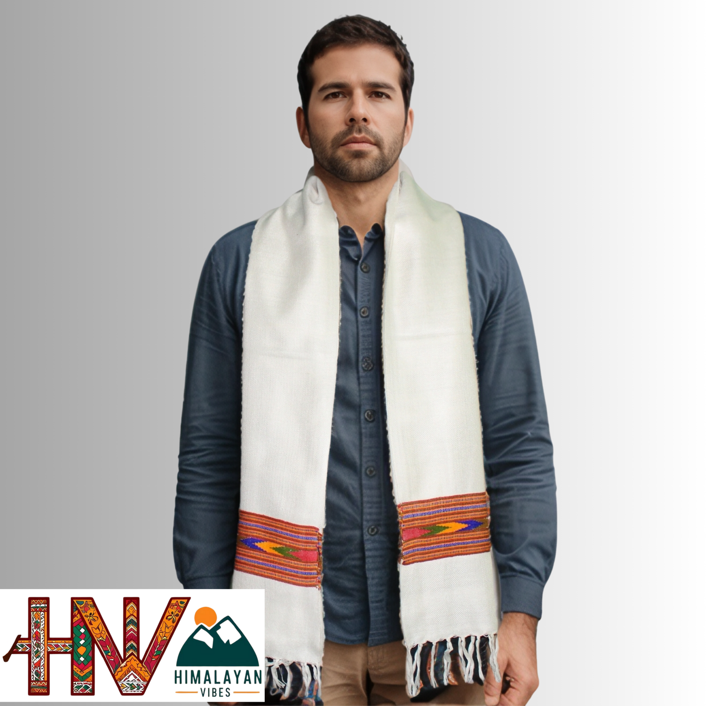 Traditional Kullu Patti Design Wool Muffler | White Handloom Scarf with Vibrant Geometric Strip By Himalayan Vibes