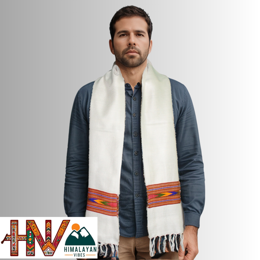 Traditional Kullu Patti Design Wool Muffler | White Handloom Scarf with Vibrant Geometric Strip By Himalayan Vibes