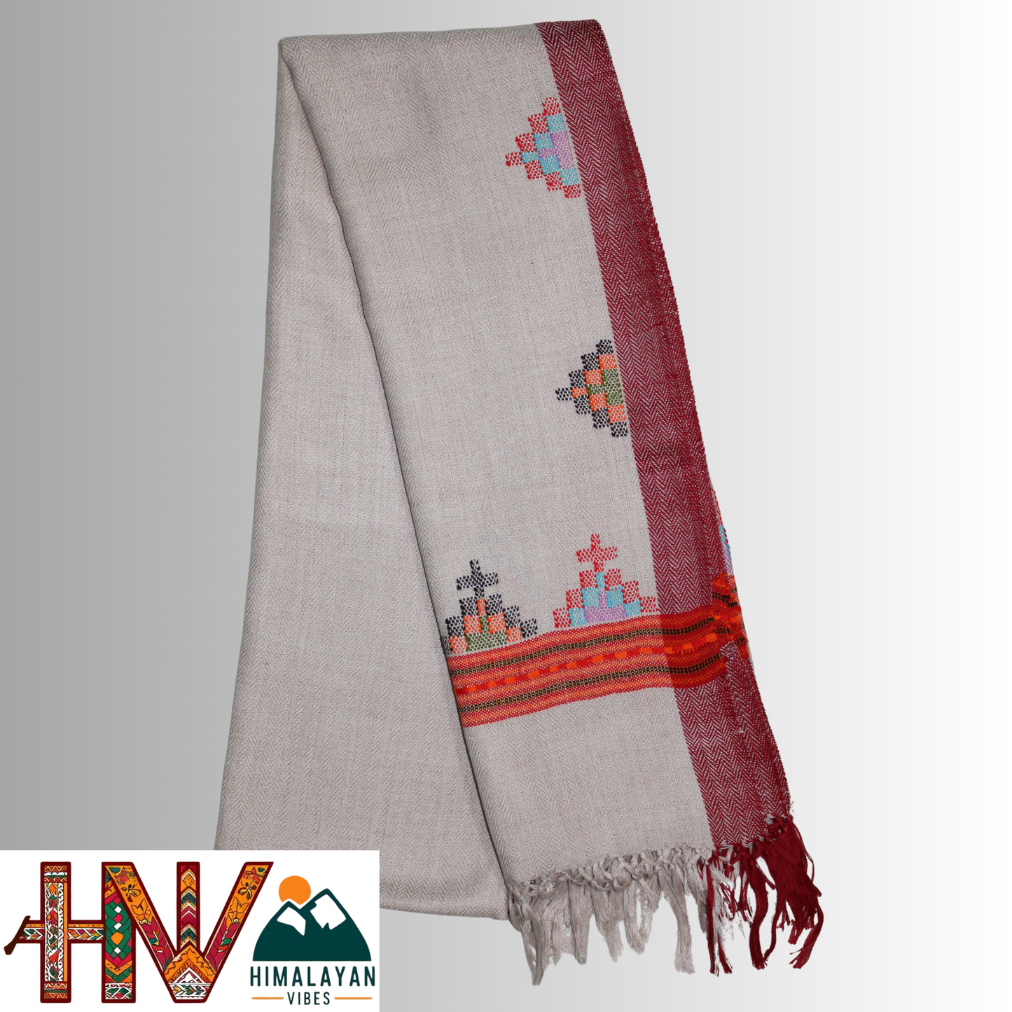 Handwoven cream Kullu Woolen Stole with Traditional Kullu Patti Geometric Motifs with red Border– Handwoven Elegance By Himalayan Vibes