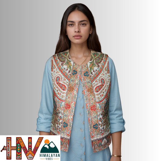 Women Pashmina Blend White Himachali Sadri – Colorful Traditional Waistcoat by Himalayan Vibes