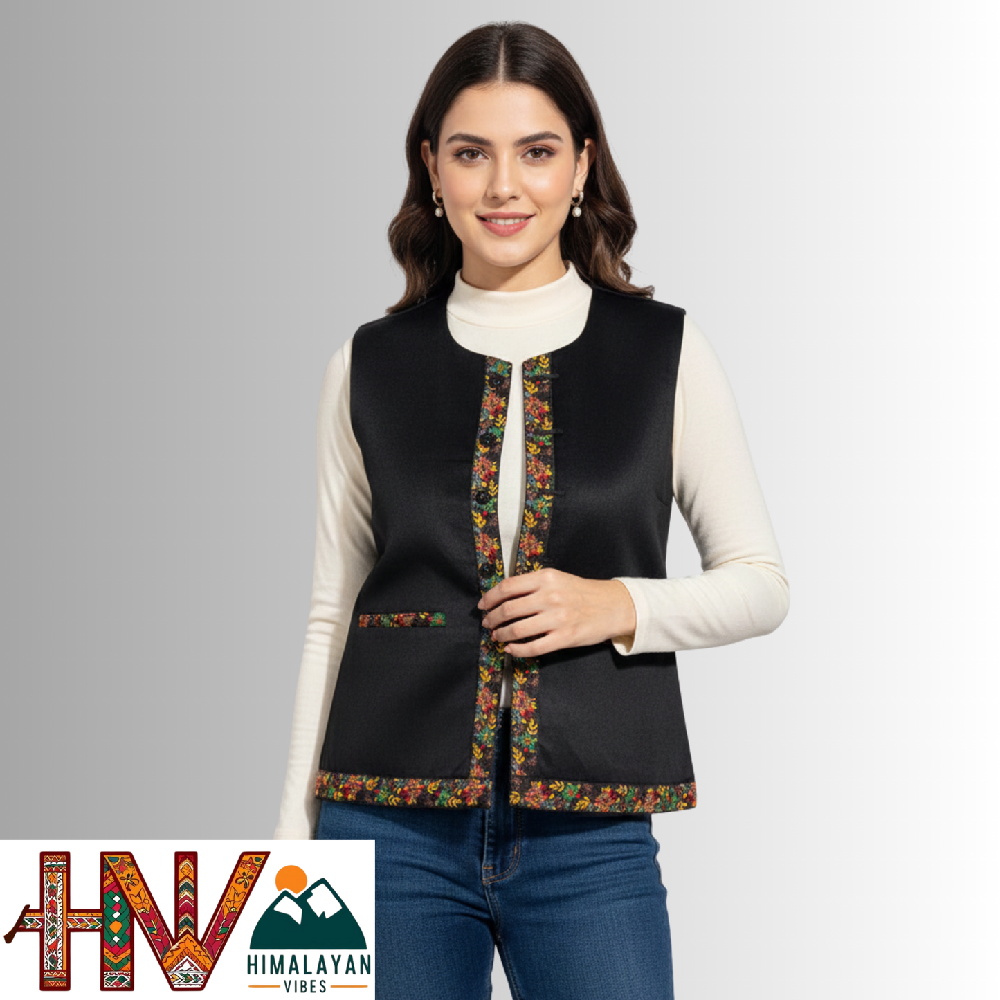 Himachali Black Sadri with embroidered Lace for Women - Martin Fabric Ethnic Half Jacket with Pockets