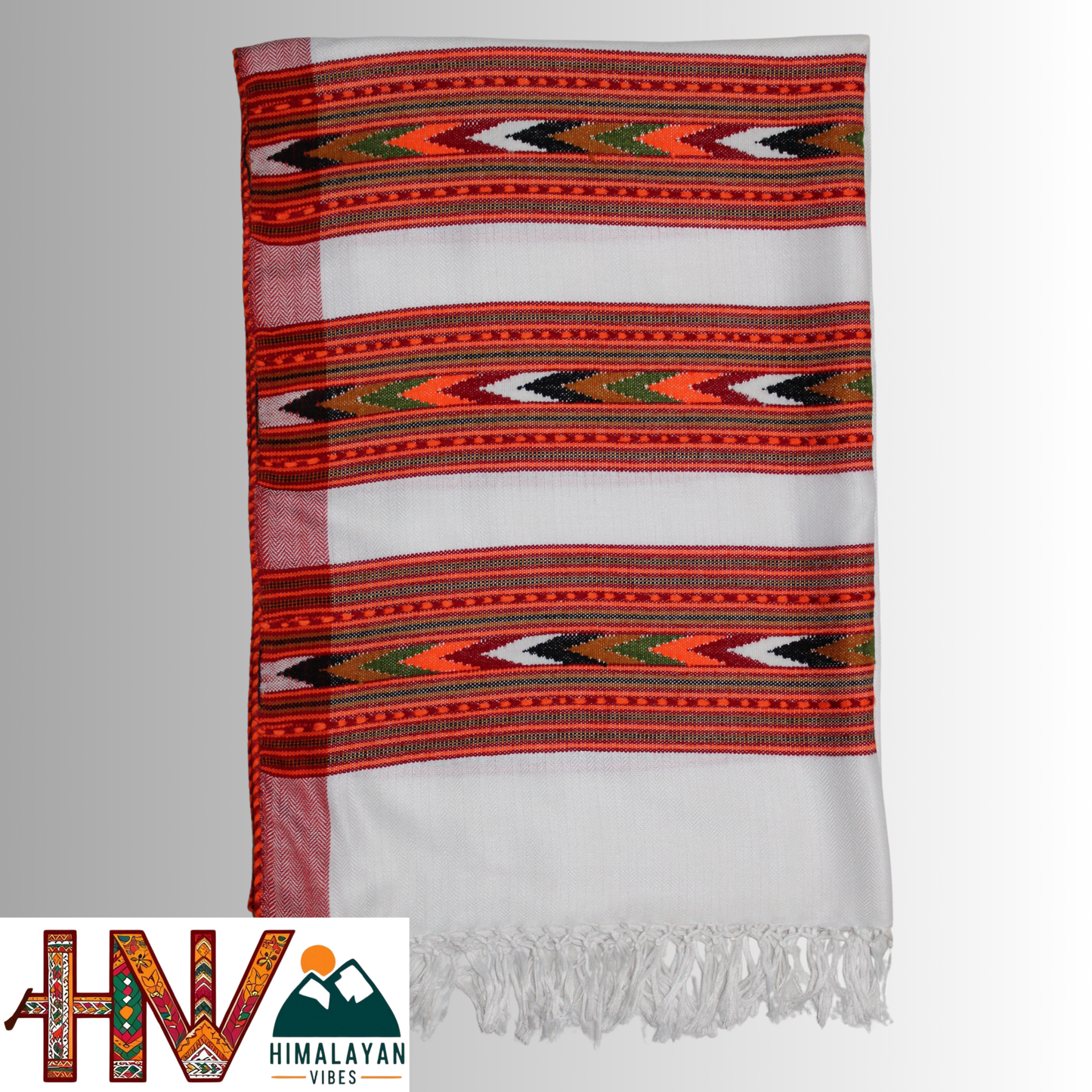 Handwoven white Kullu Woolen Stole with Traditional Kullu Patti Design in Vibrant Orange and Red Border– Handwoven Elegance By Himalayan Vibes