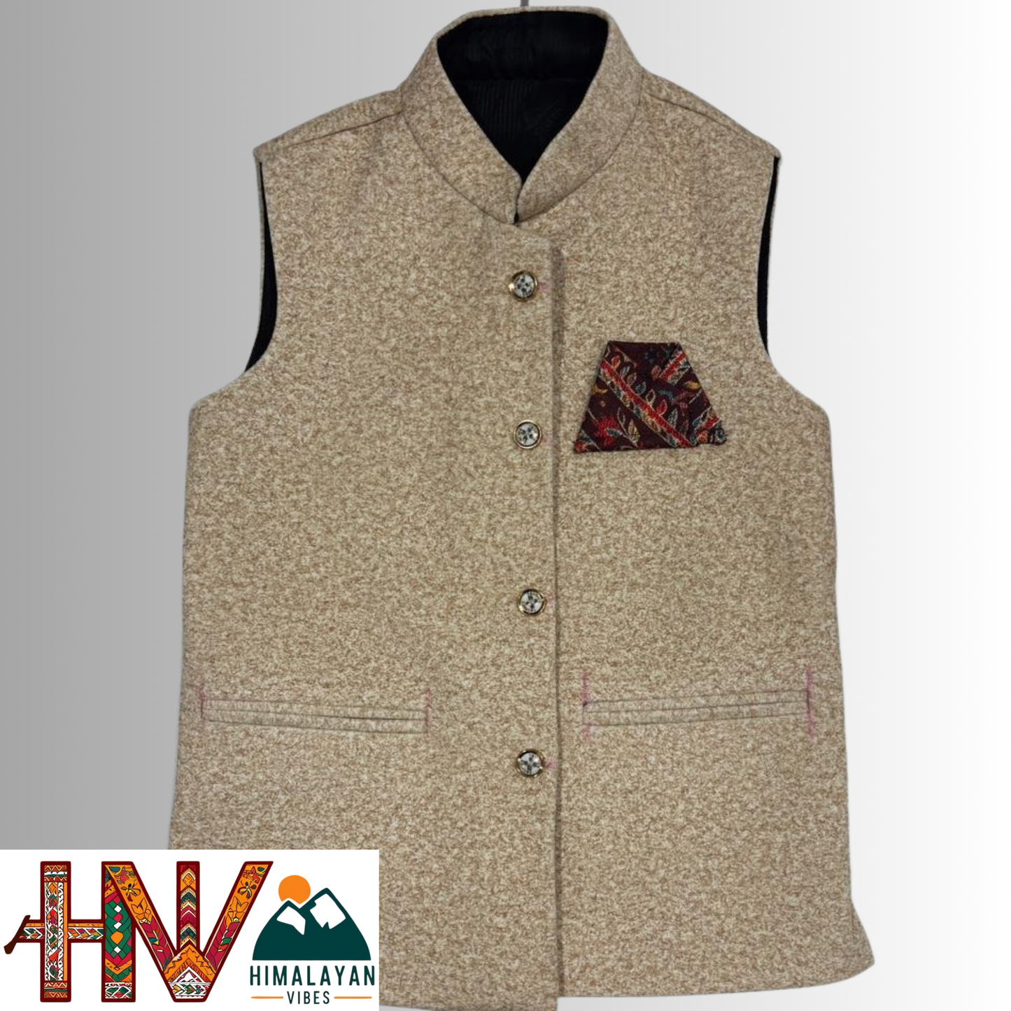 Boys Sleeveless Nehru Jacket in Martin Fabric – Handcrafted Himachali Wool Blend Ethnic Waistcoat with Pocket Square