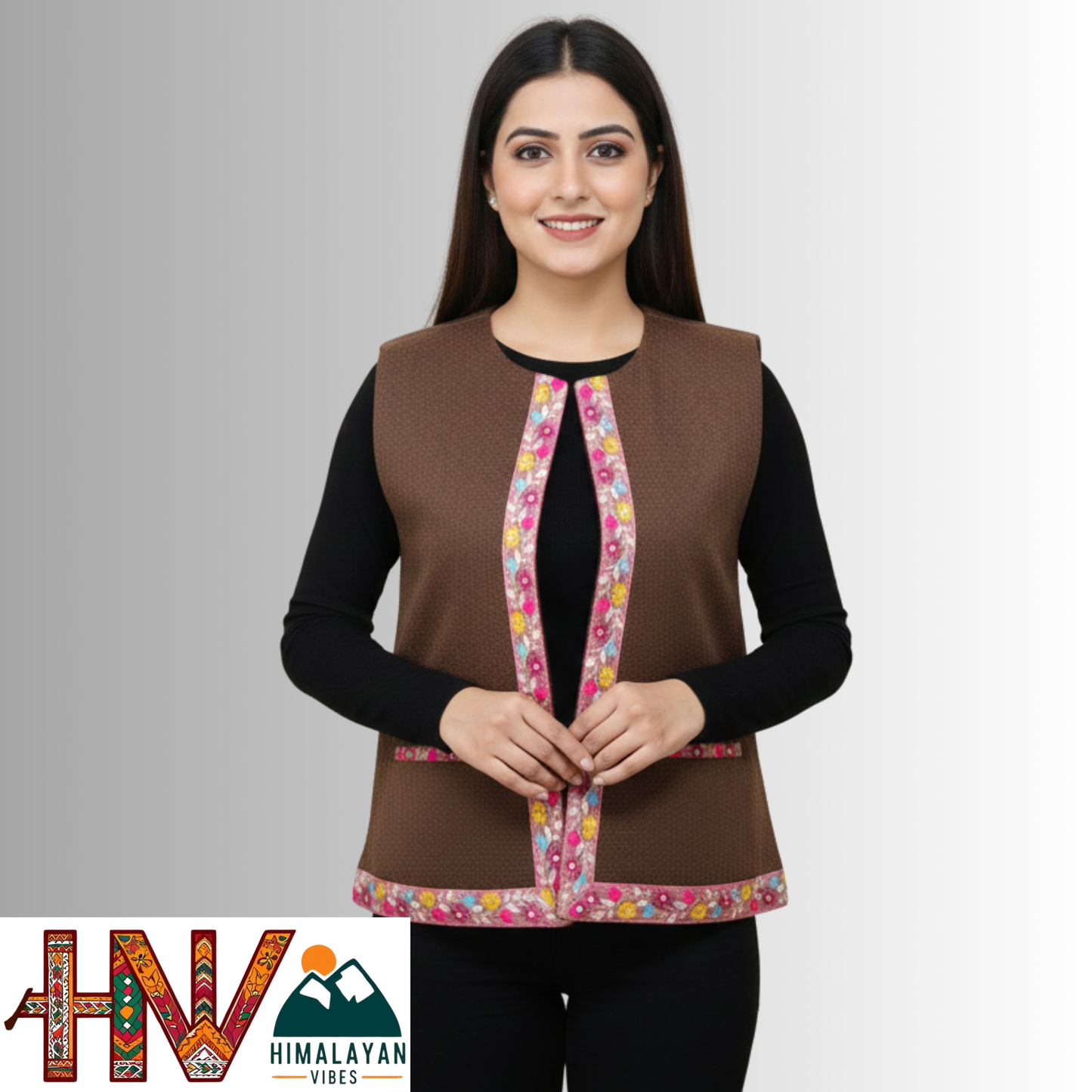 Himachali coffee brown Sadri with embroidered Lace for Women - Martin Fabric Ethnic Half Jacket with Pockets