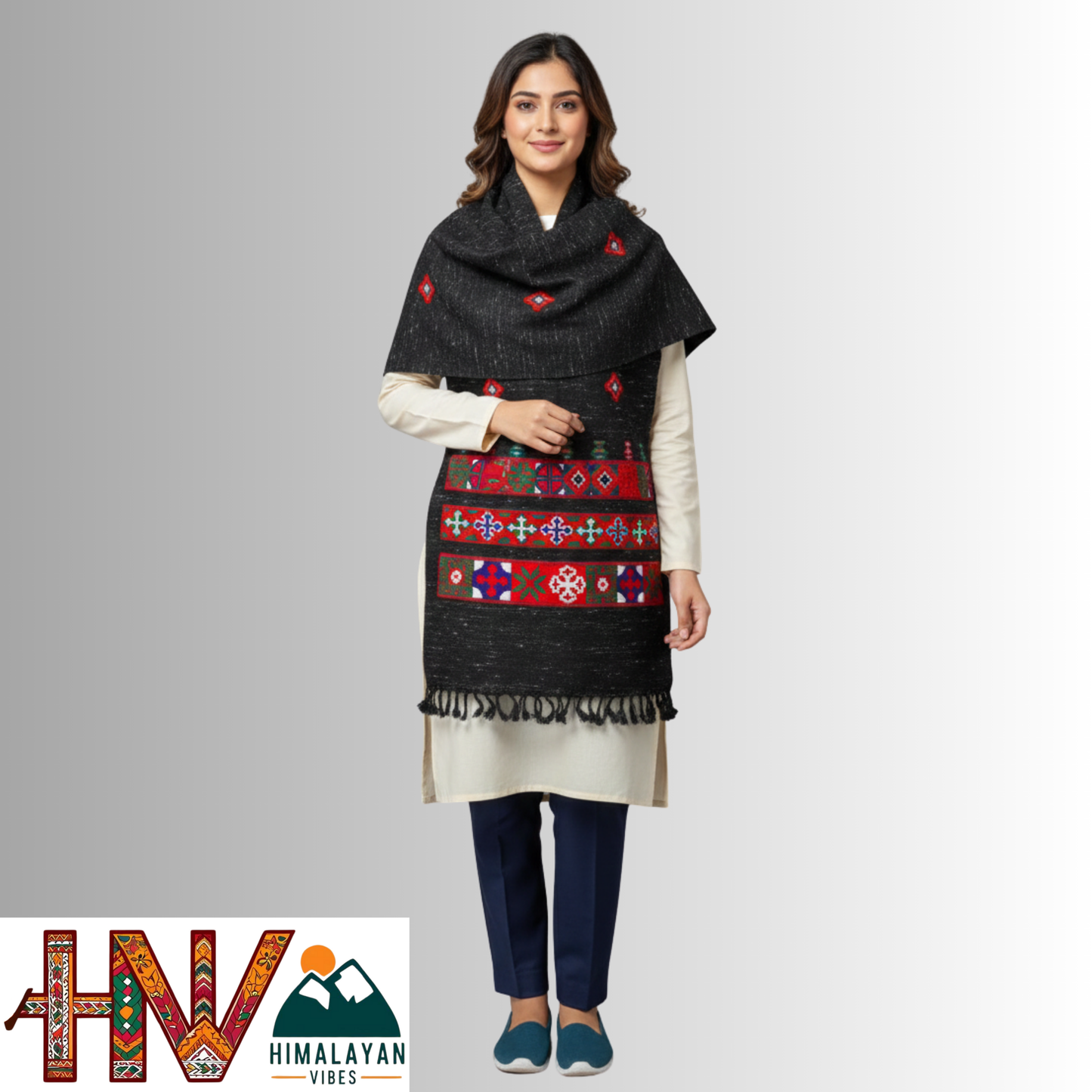 Handwoven Black Kinnauri Woolen Stole with Traditional Kinnauri Patti Geometric Motifs with red Border– Handwoven Elegance By Himalayan Vibes