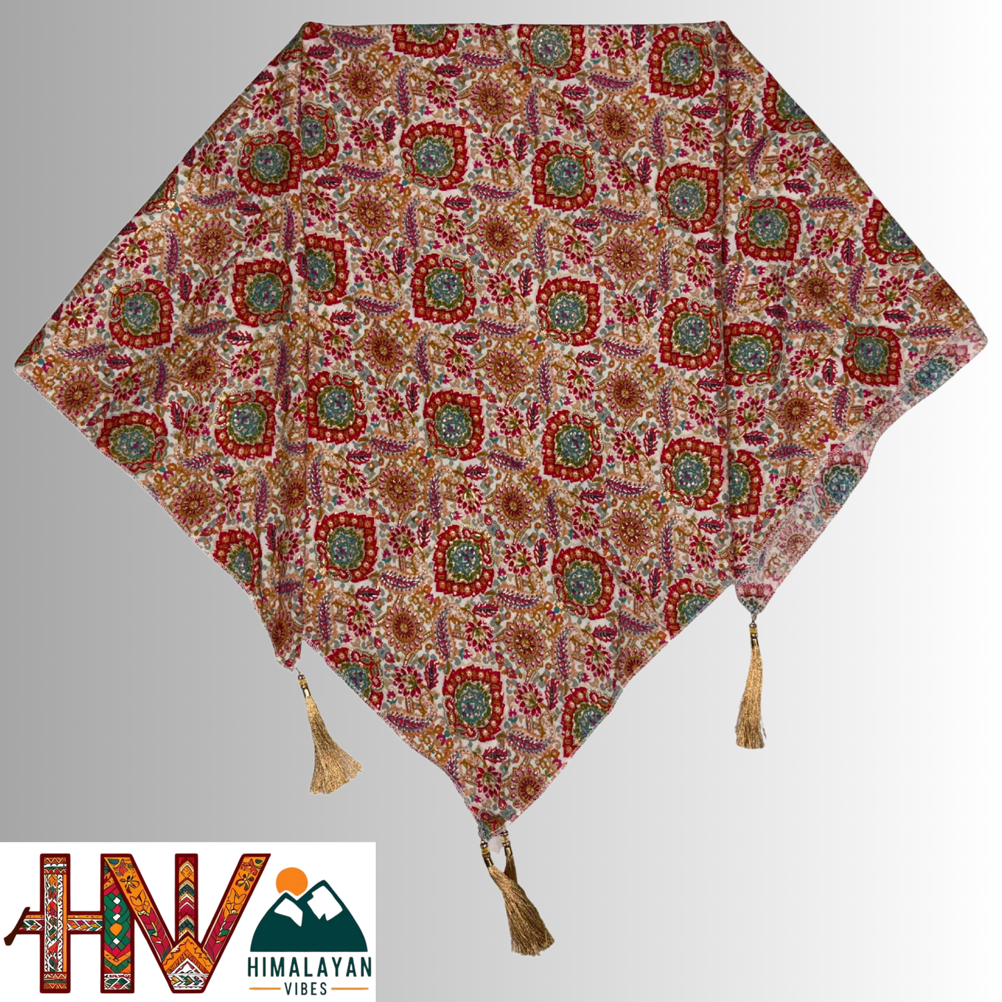 Himalayan Vibes Cream Color Himachali Dhatu with Multicolor Print - Handcrafted Traditional Head Scarf from Himalayas